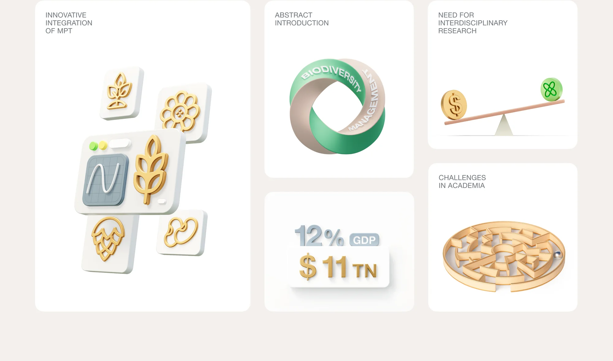 3D illustrations: golden plant icons, the biodiversity and management loop, a balance scale, 12% GDP and a maze