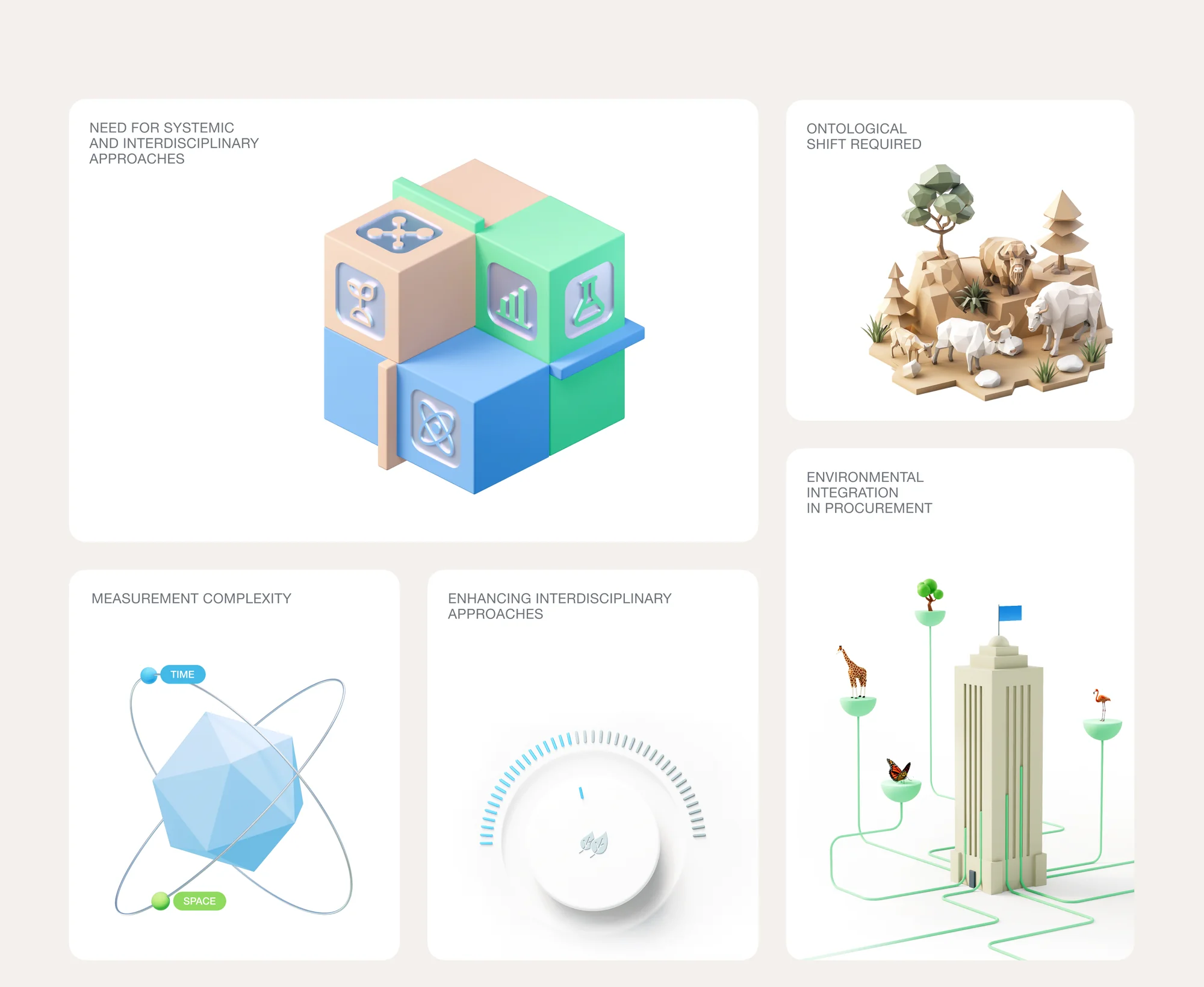 3D illustrations: interdisciplinary cubes, low-poly ecosystem, measurement complexity, a dial and a tower wired to nature