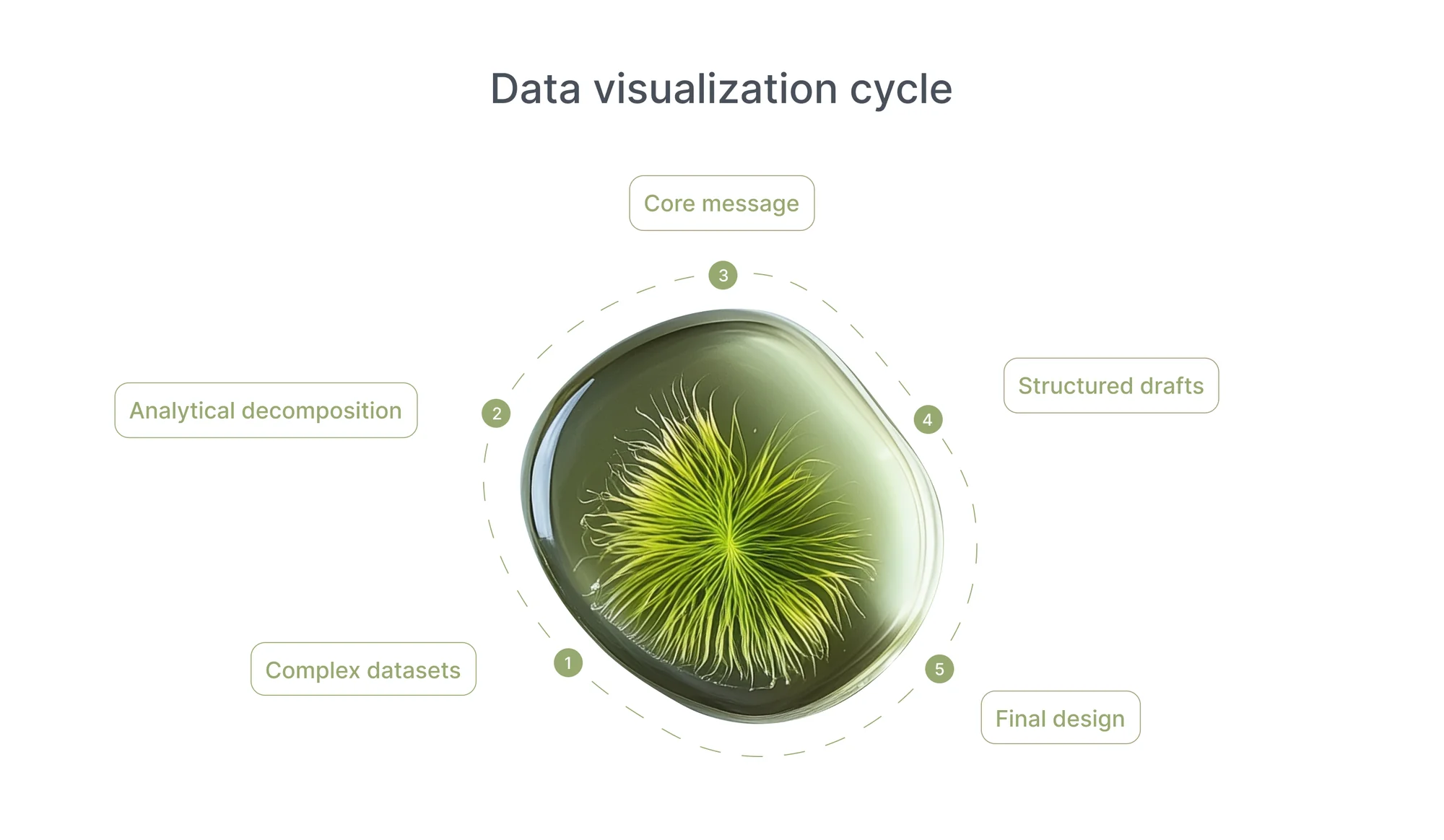 Data visualization cycle: complex datasets, analytical decomposition, core message, structured drafts and final design