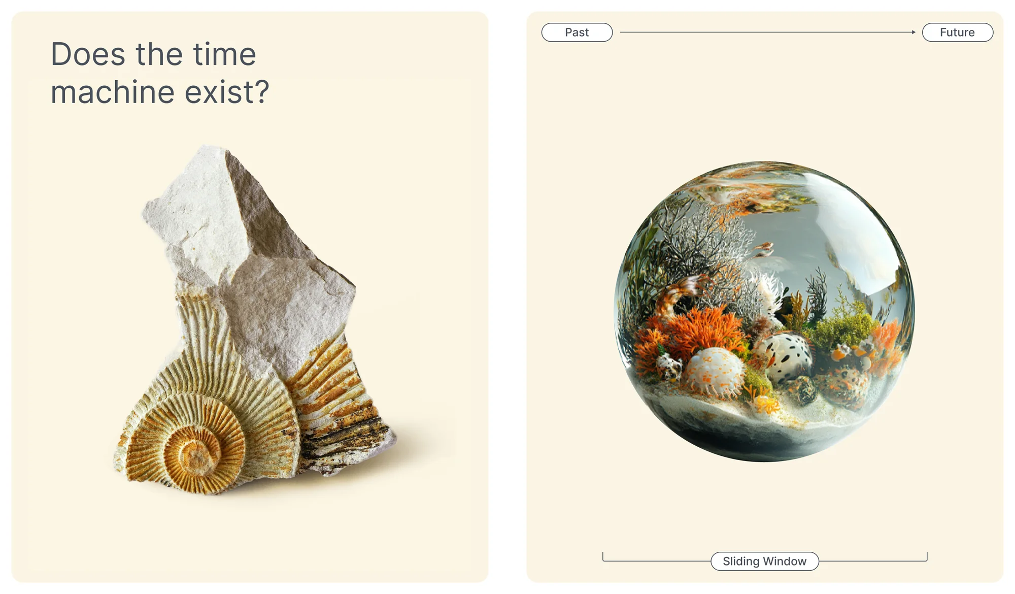 Does the time machine exist? A fossil shell next to a lake ecosystem in a glass sphere on a past-to-future timeline