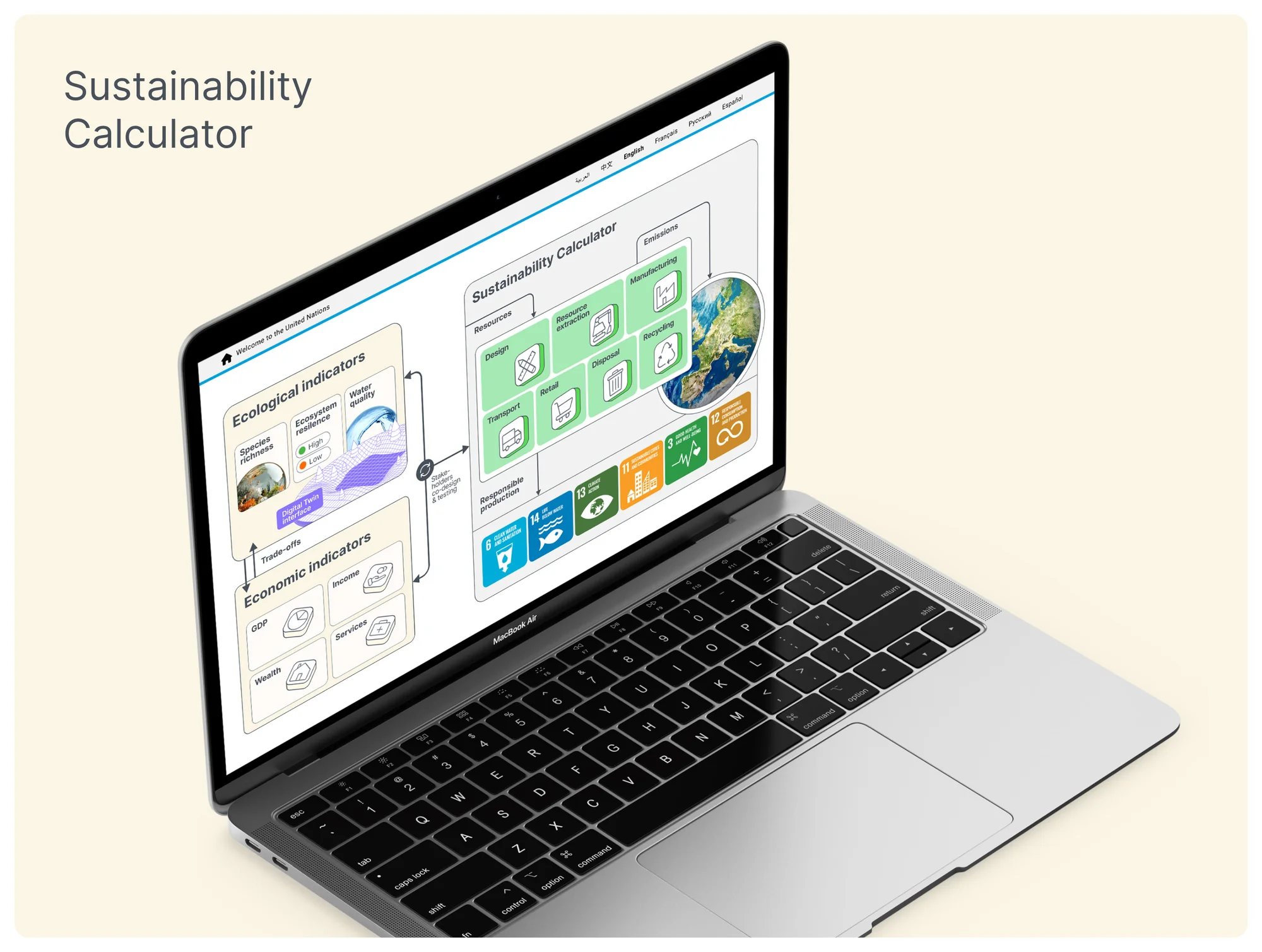 Sustainability calculator with ecological and economic indicators on a laptop