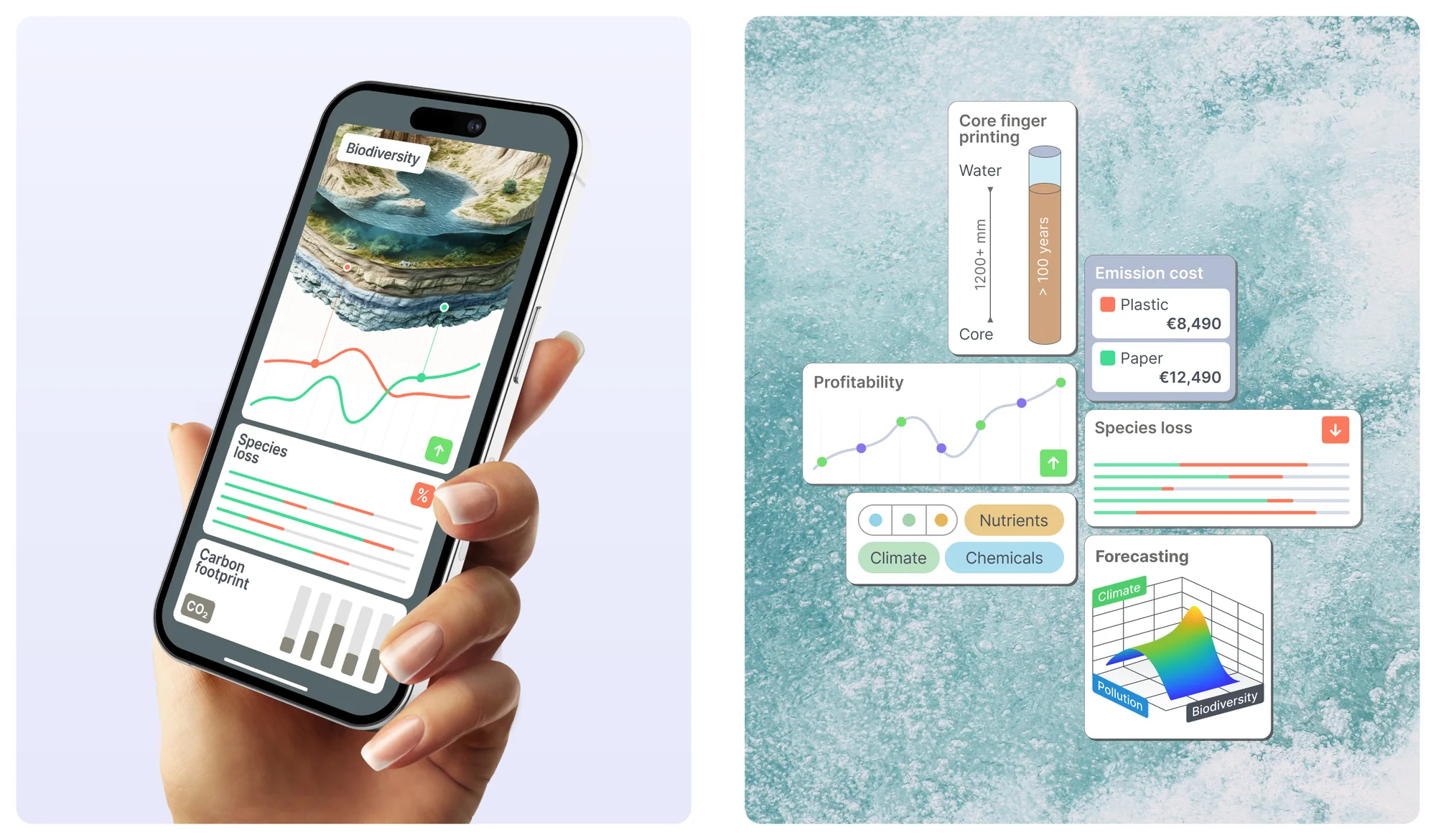 Biodiversity data on a phone next to UI cards: core fingerprinting, emission cost, species loss and forecasting