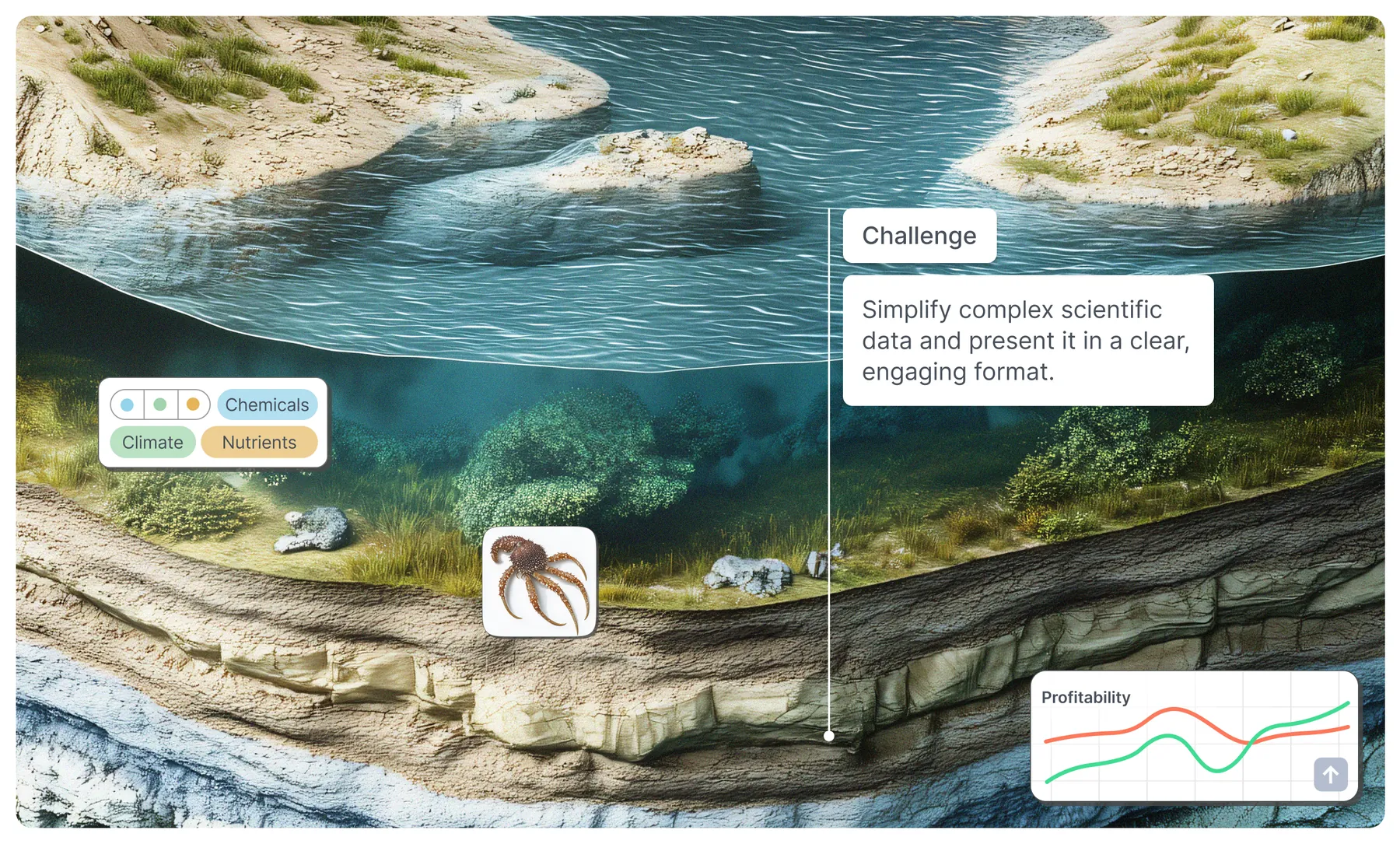 Cross-section of a lake with sediment layers, a challenge card and a profitability chart