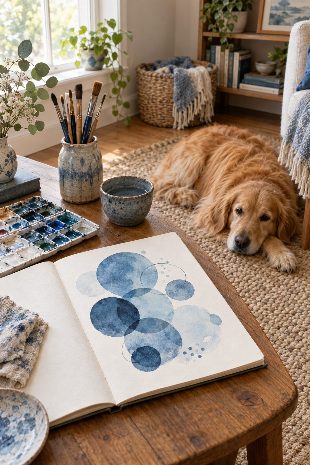 Watercolor paints and an open sketchbook on a wooden table with a golden dog resting nearby