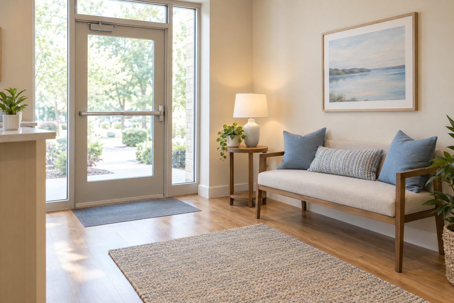 A light-filled entrance with a cushioned bench, plant, and lamp in a calm waiting area
