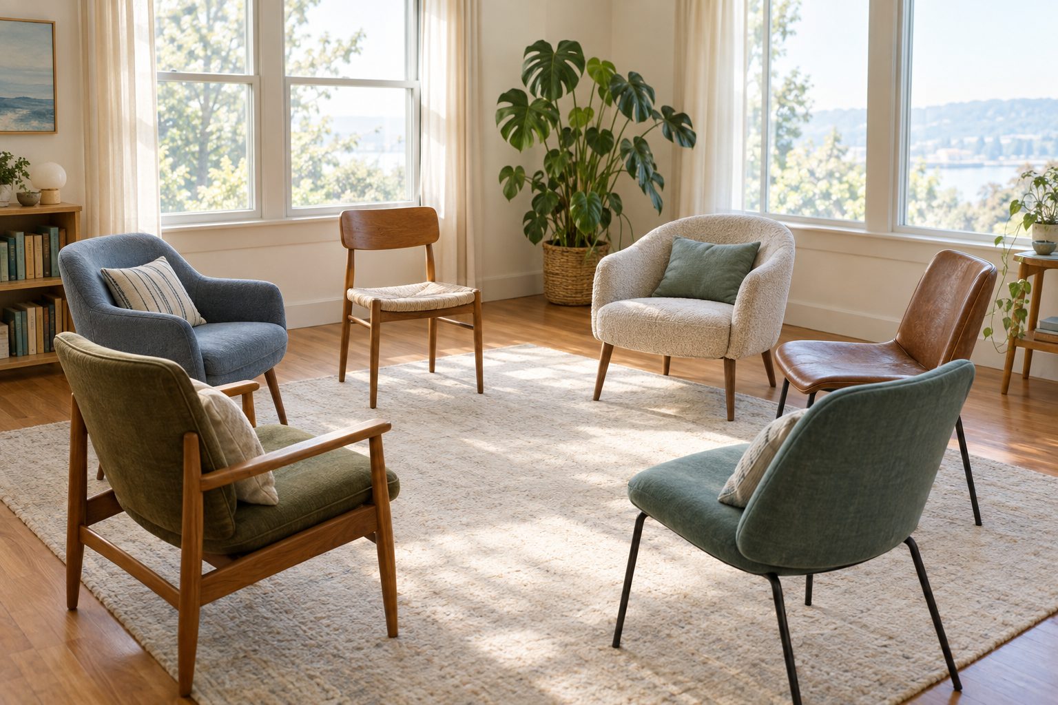A loose circle of comfortable mismatched chairs in a bright, sunlit group room