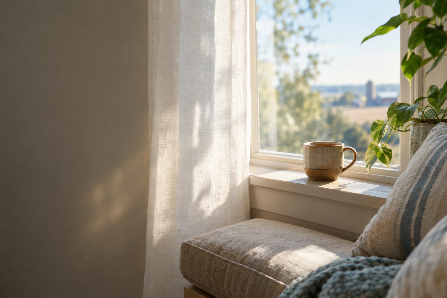 A sunlit window seat with a linen cushion and a warm mug of tea on the sill