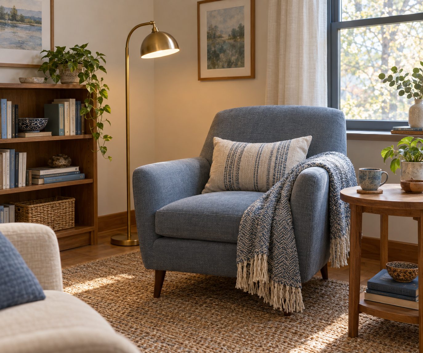 A soft blue armchair with a woven throw beside a lit brass lamp