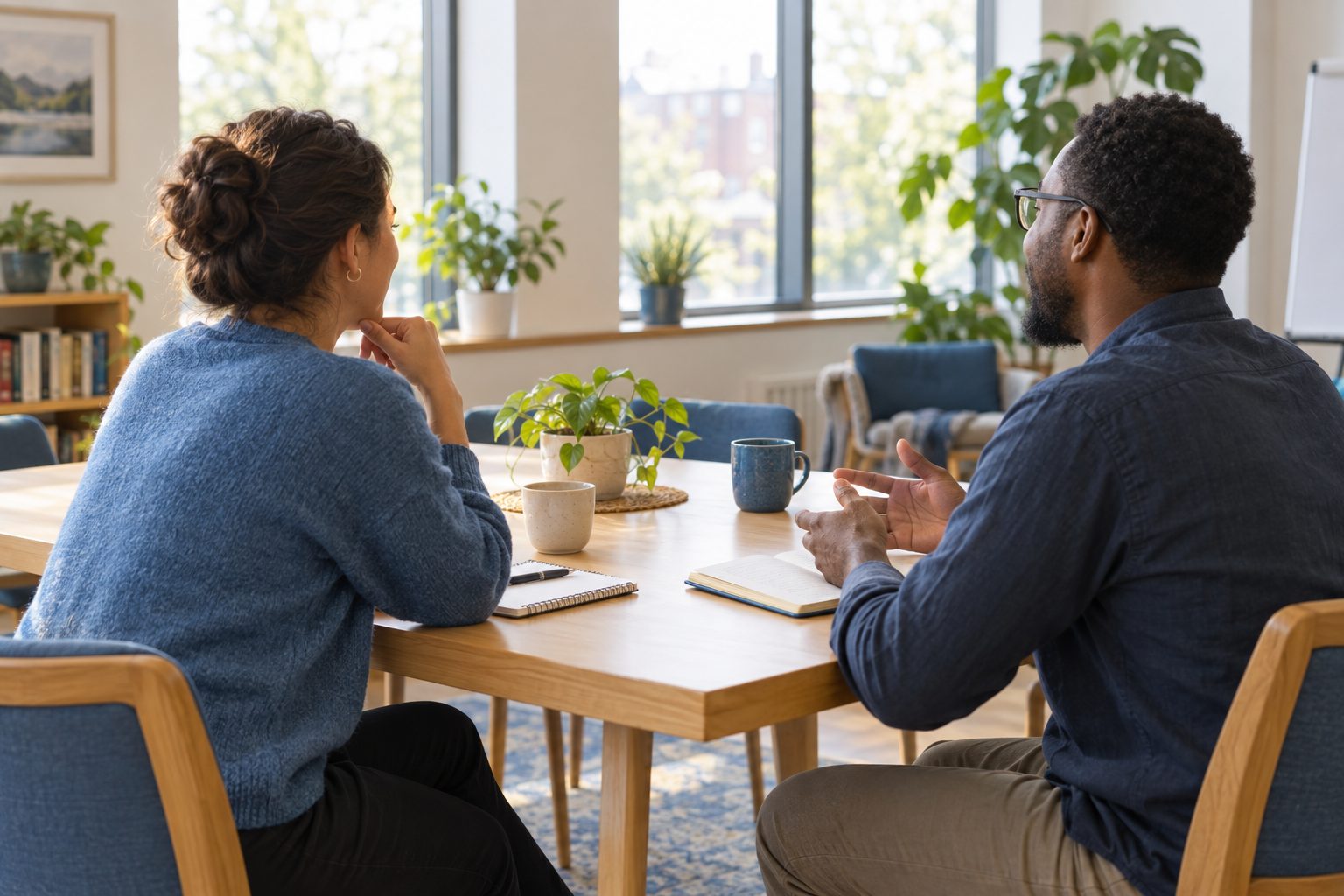 Two people talking easily across a light wooden table in a bright community meeting room