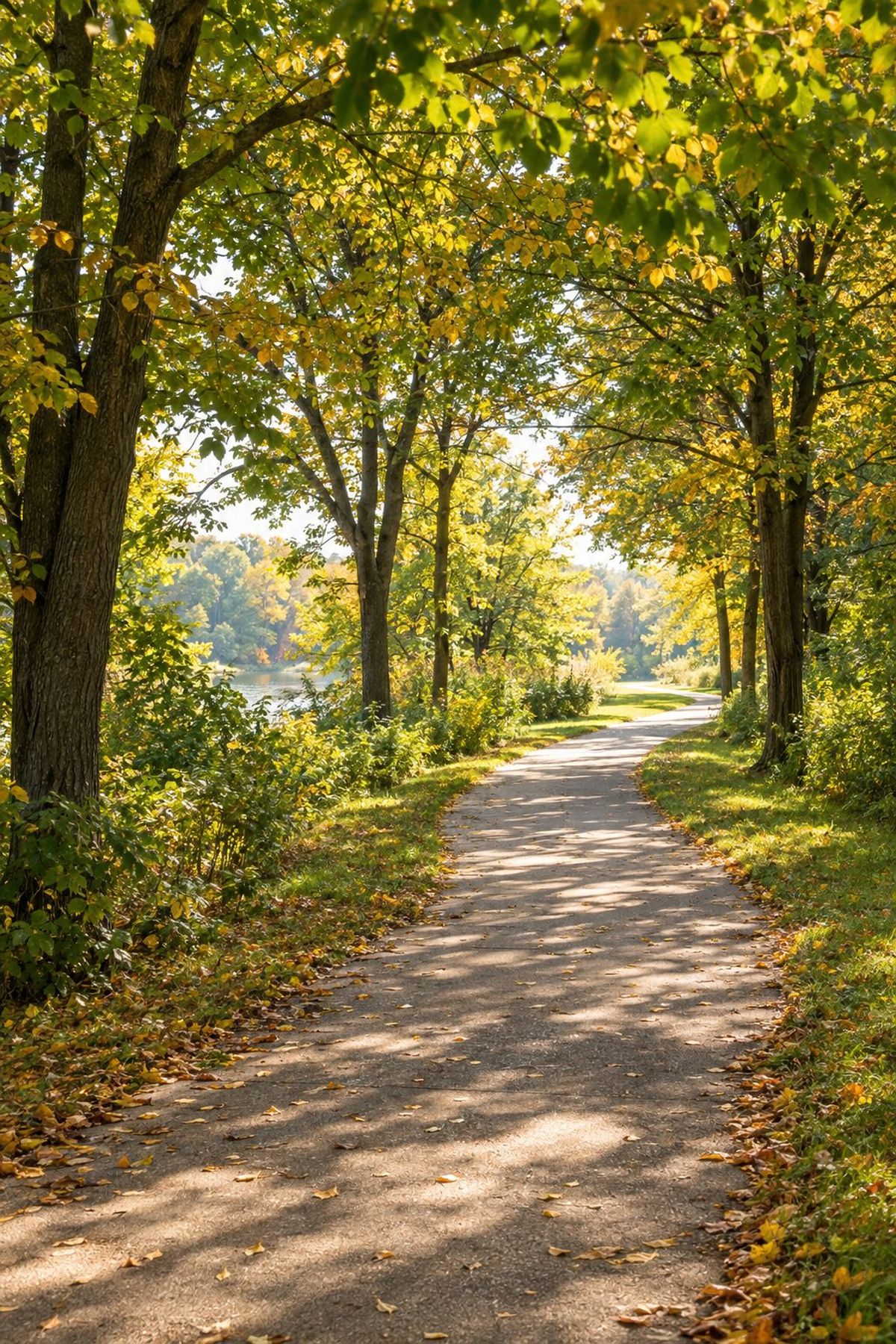 A sunlit tree-lined path curving forward through a park in early autumn