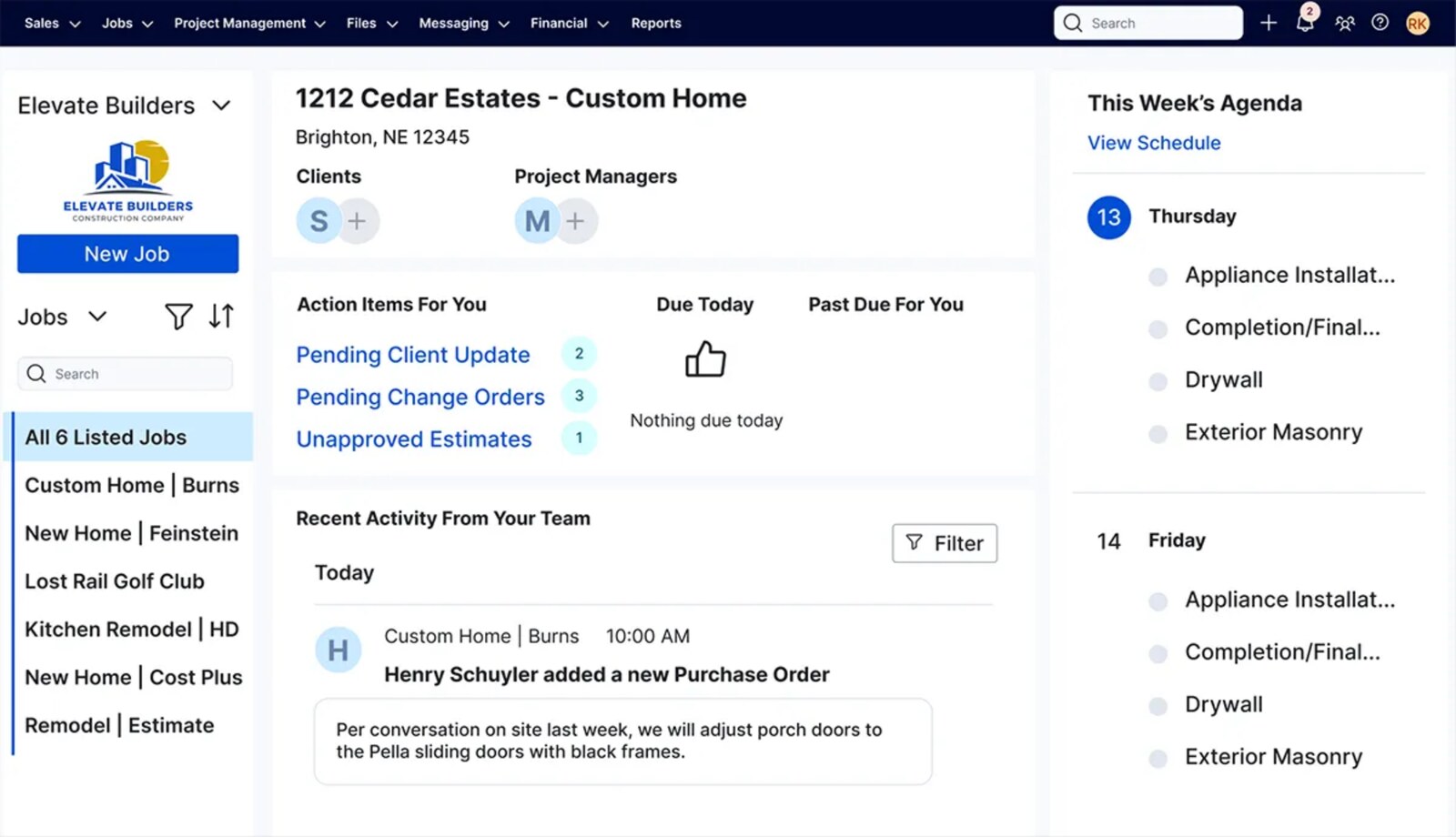 Buildertrend sample project dashboard with action items, activity feed, and weekly agenda.