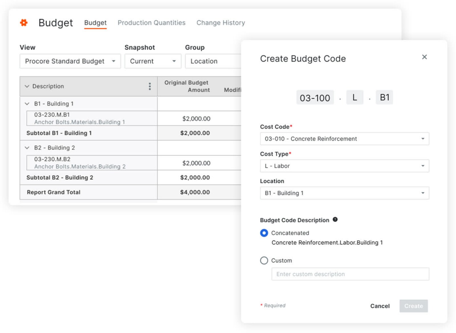 Procore vendor demonstration of a budget table and Create Budget Code dialog.