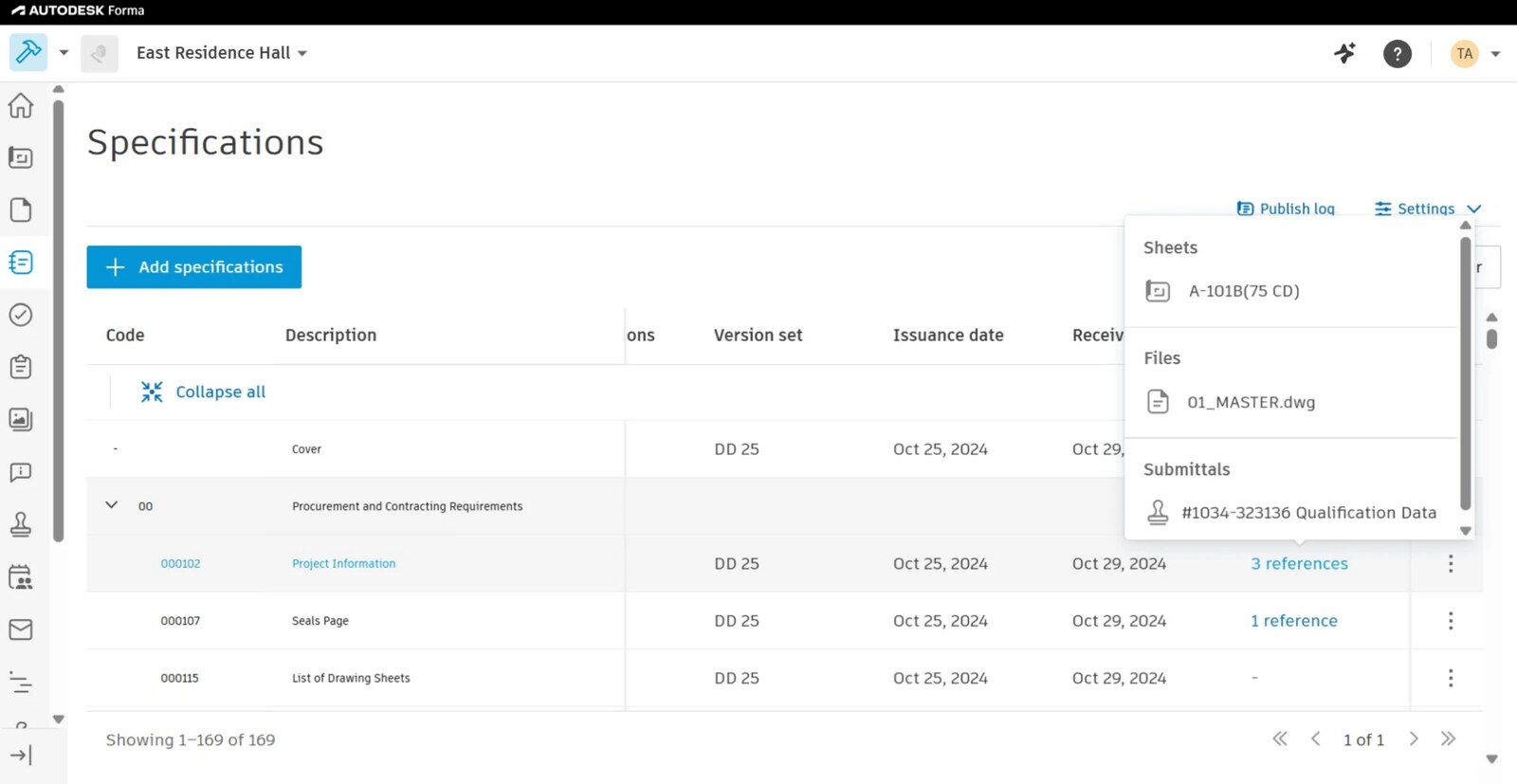 Autodesk Forma specifications interface showing linked sheets, files, and submittals.