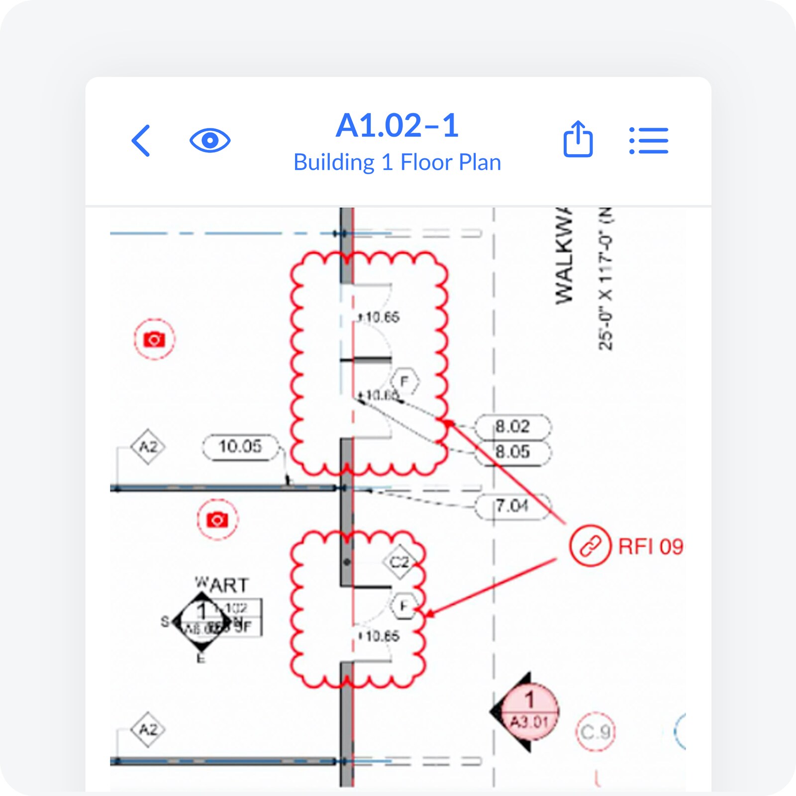 Fieldwire vendor illustration of a floor plan with revision clouds, photo markers, and an RFI reference.