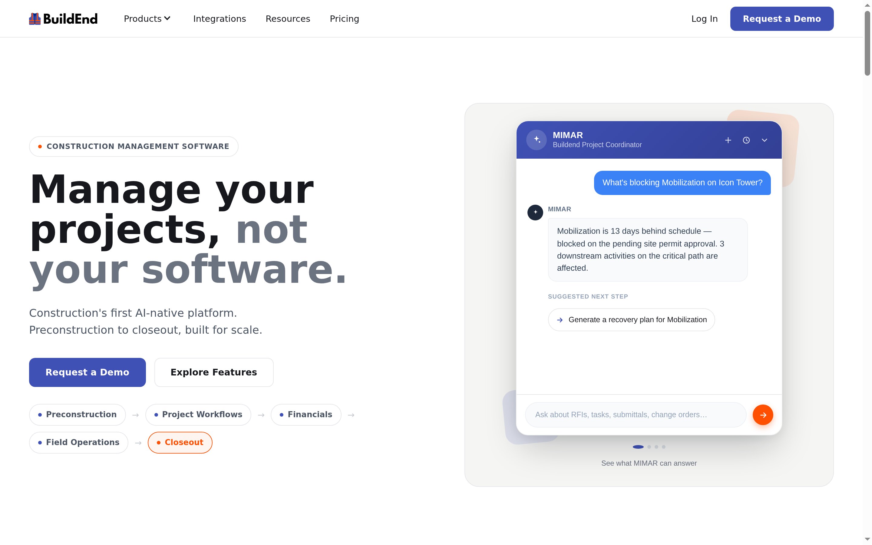 Buildend marketing homepage with the headline Manage your projects, not your software and a MIMAR project coordinator illustration.