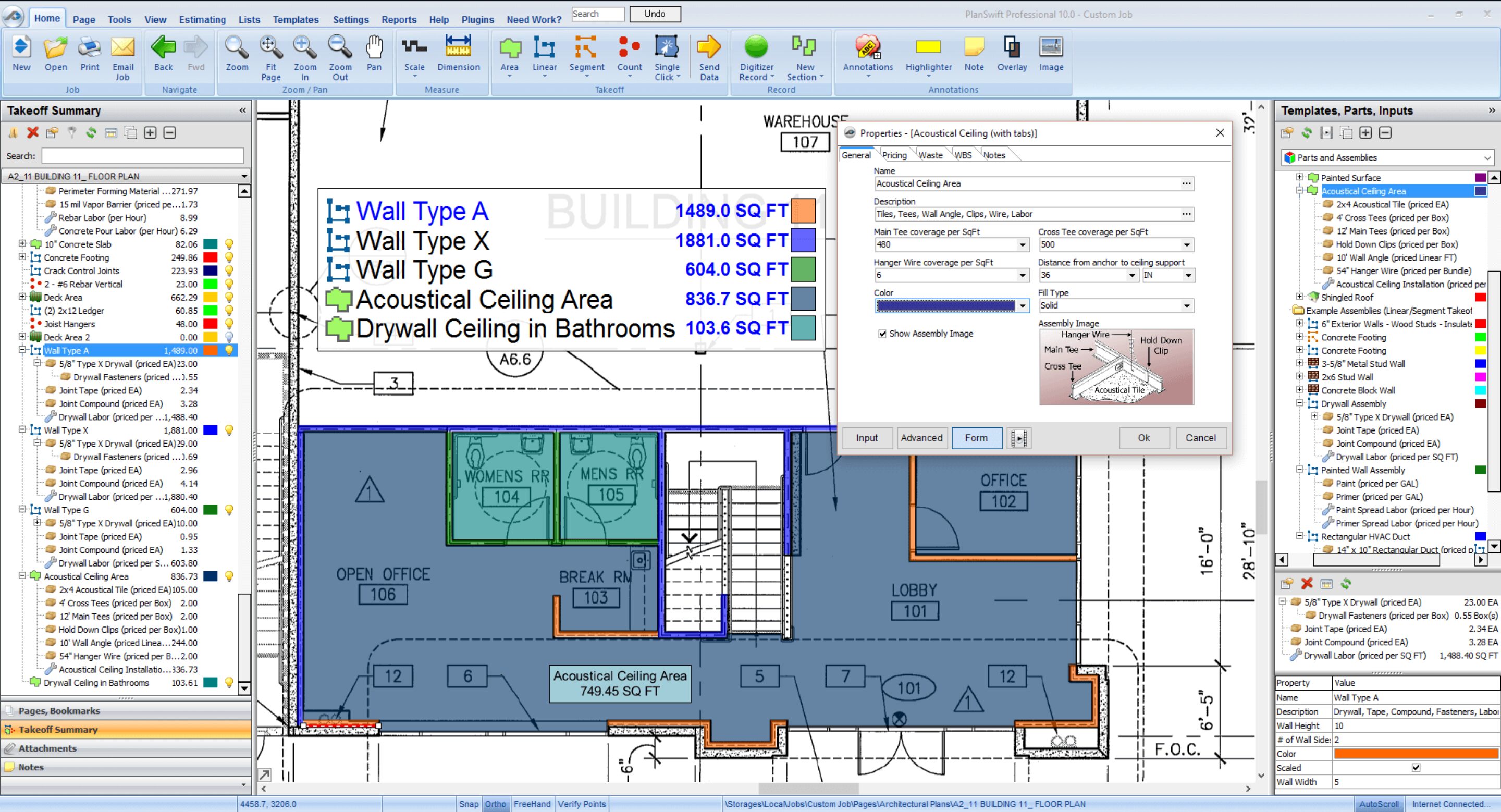 Vendor-provided PlanSwift Professional 10.0 screenshot showing colored drywall takeoffs, an acoustical ceiling properties dialog and assembly libraries.