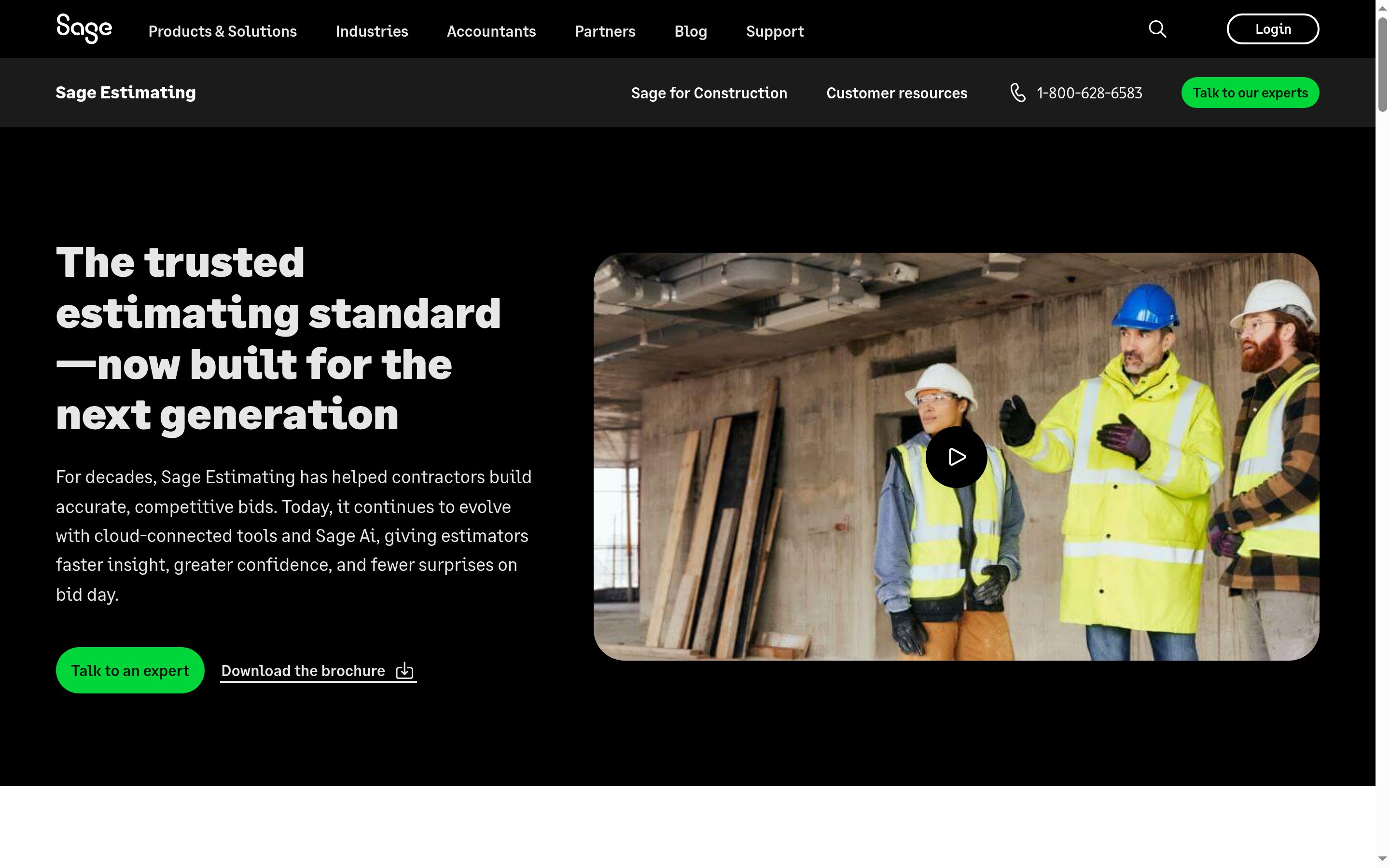 Sage Estimating product landing page with the headline The trusted estimating standard, now built for the next generation and a construction team video thumbnail.