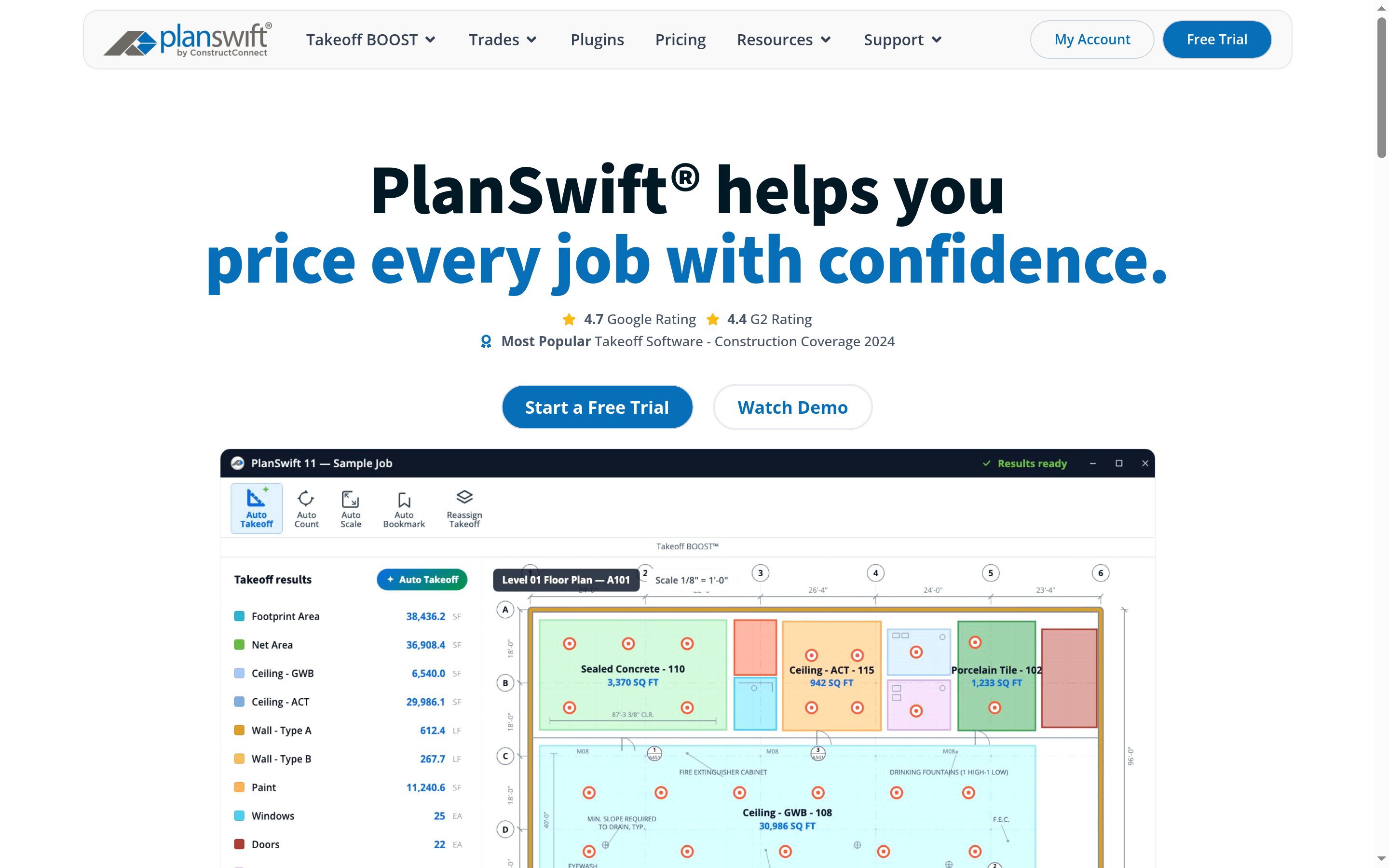 PlanSwift marketing homepage with the headline price every job with confidence and vendor marketing imagery of a colored takeoff floor plan.