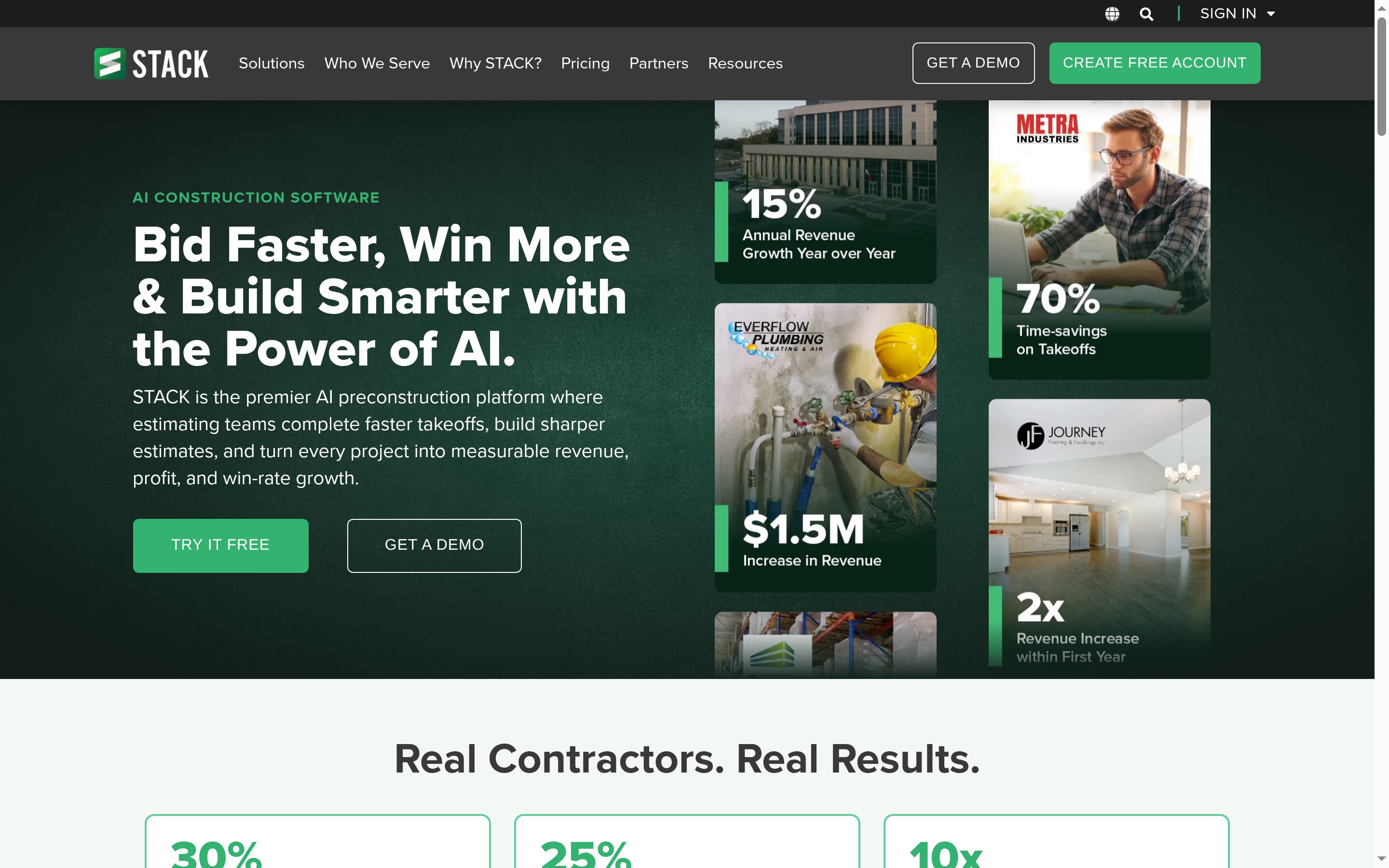 STACK marketing homepage promoting AI construction software, takeoffs and estimating alongside customer result cards.