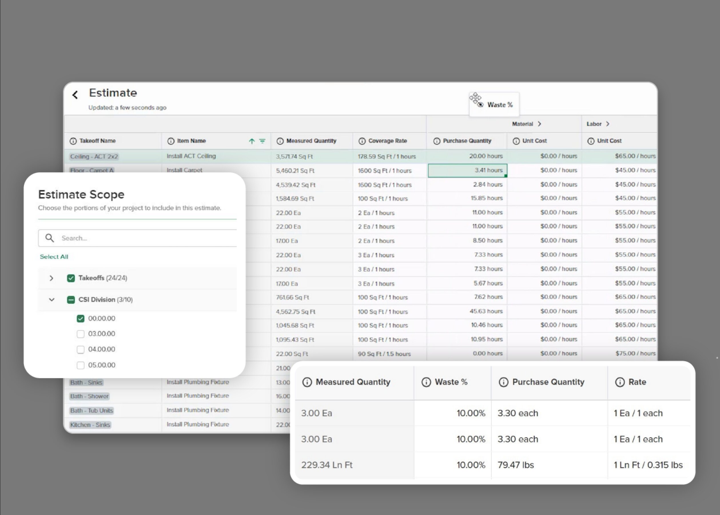 Vendor-provided STACK estimating interface imagery showing an estimate worksheet, estimate scope selection and waste percentage quantities.