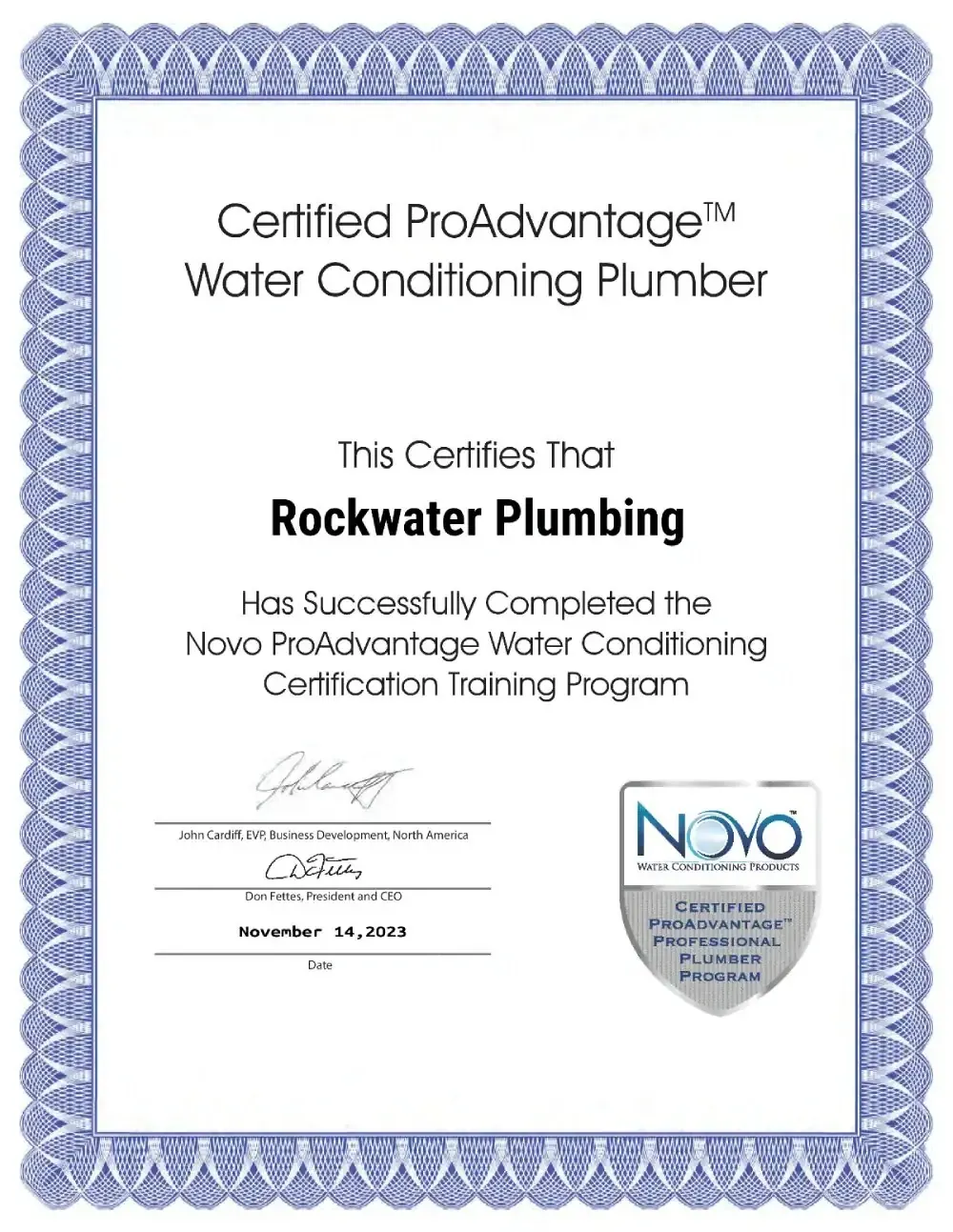 Novo ProAdvantage Water Conditioning Certification