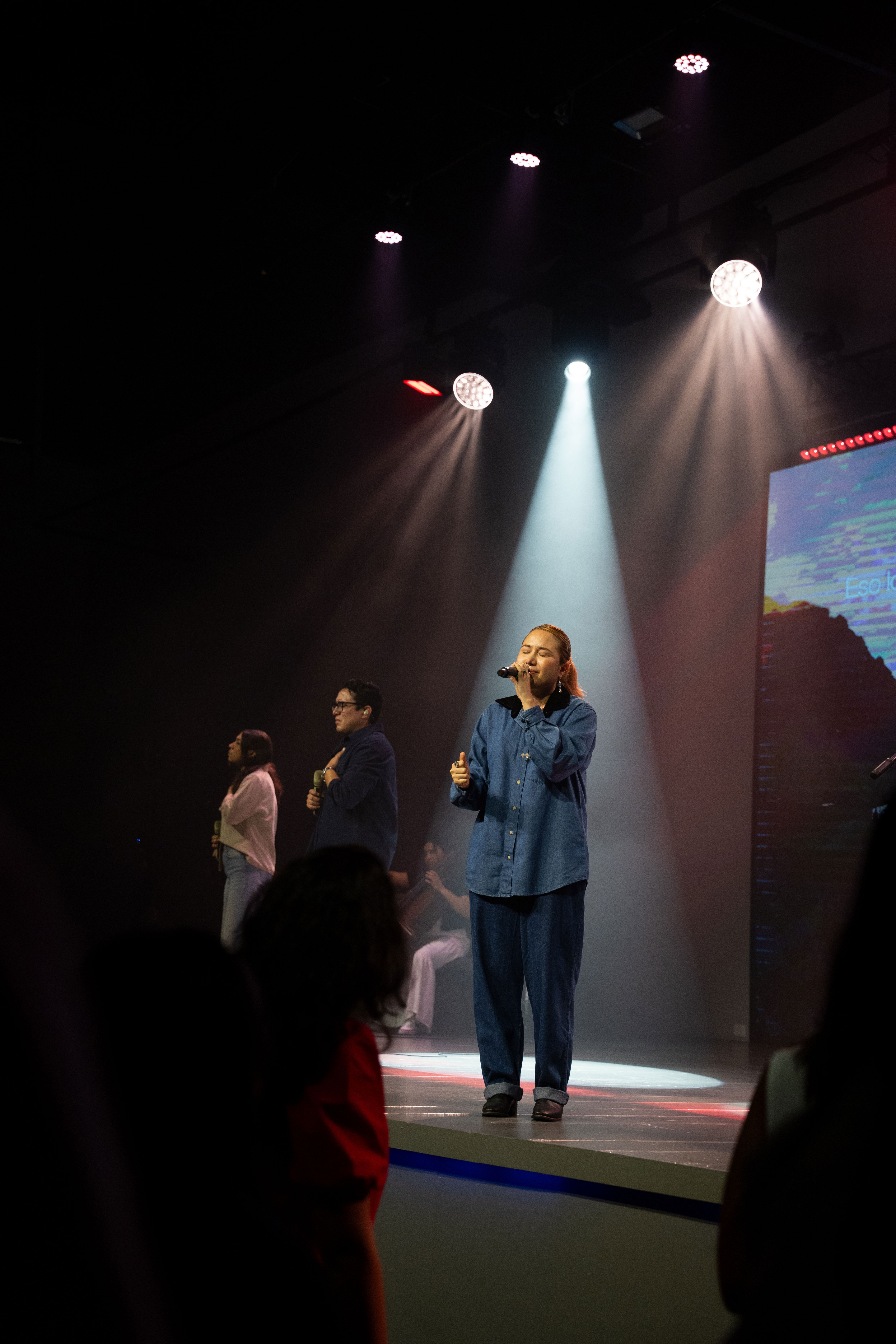 Persona cantando en un escenario bajo un haz de luz
