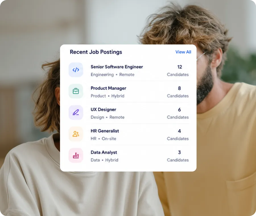 List of recent job postings with titles, work types, and candidate counts, on a blurred background.