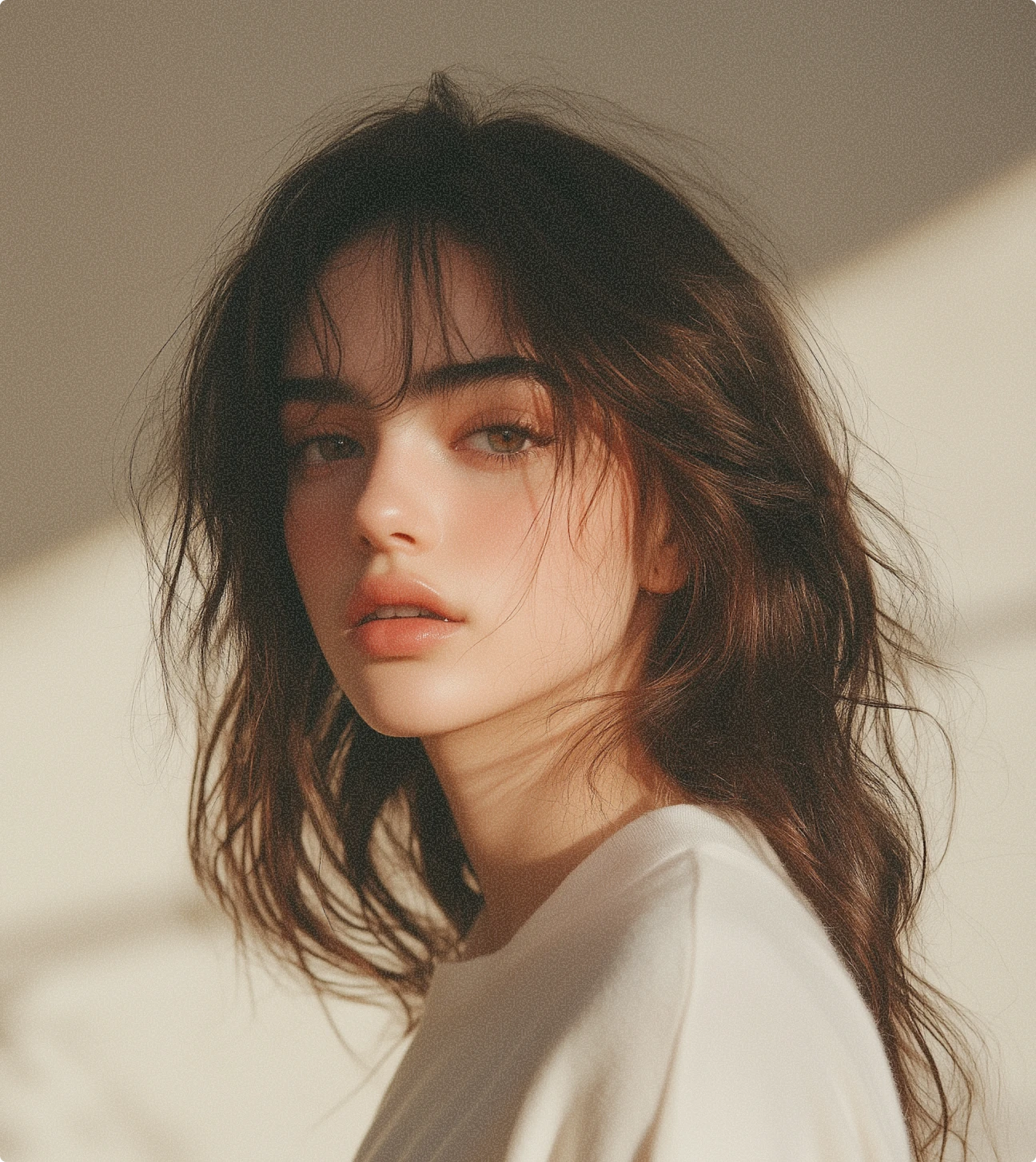 Young woman with loose brown hair, soft makeup, and a white top looking slightly sideways.