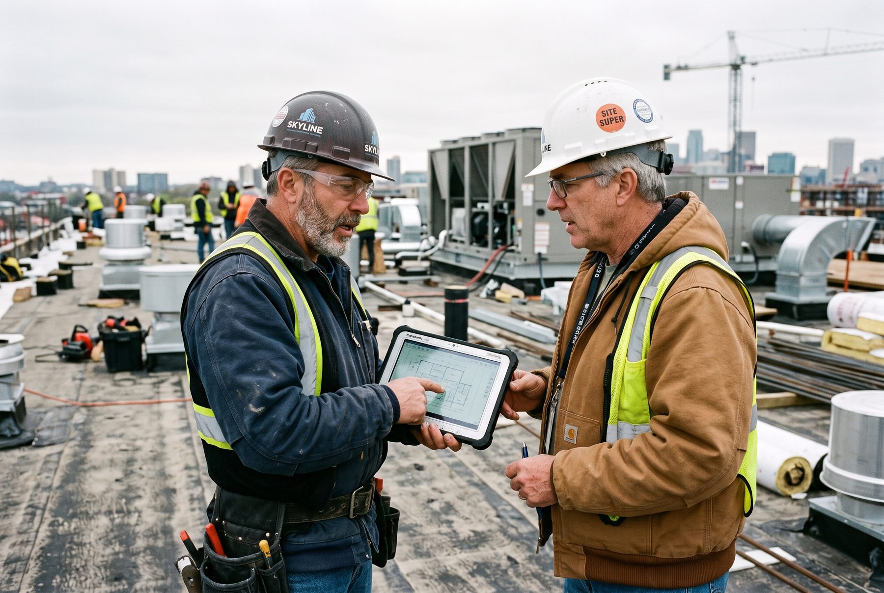 Two operations leaders reviewing job progress on a commercial rooftop