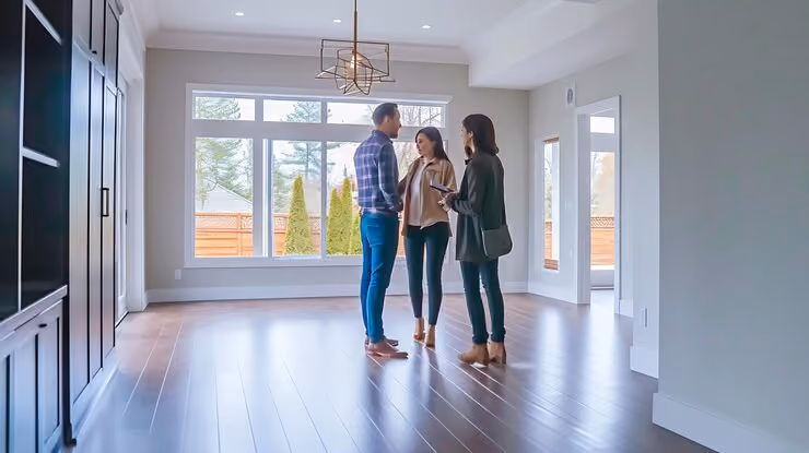 Couple touring an empty new home with their builder