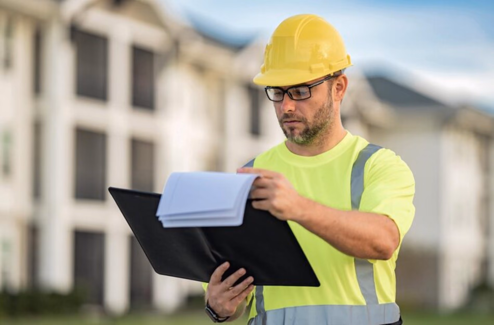 Inspector checking compliance documents on site
