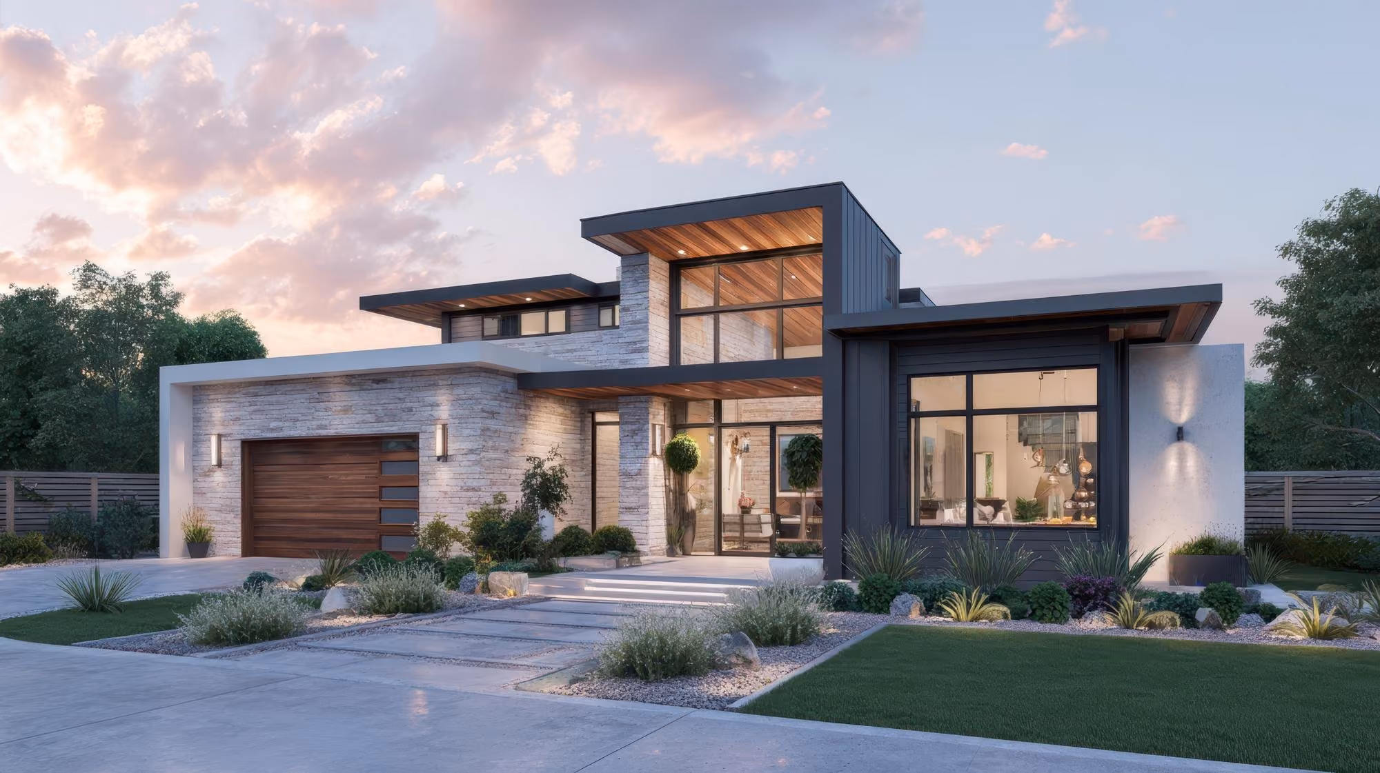 Modern two-storey home with a stone facade and landscaped driveway
