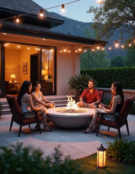 Friends gathered around a fire pit outside a home at dusk