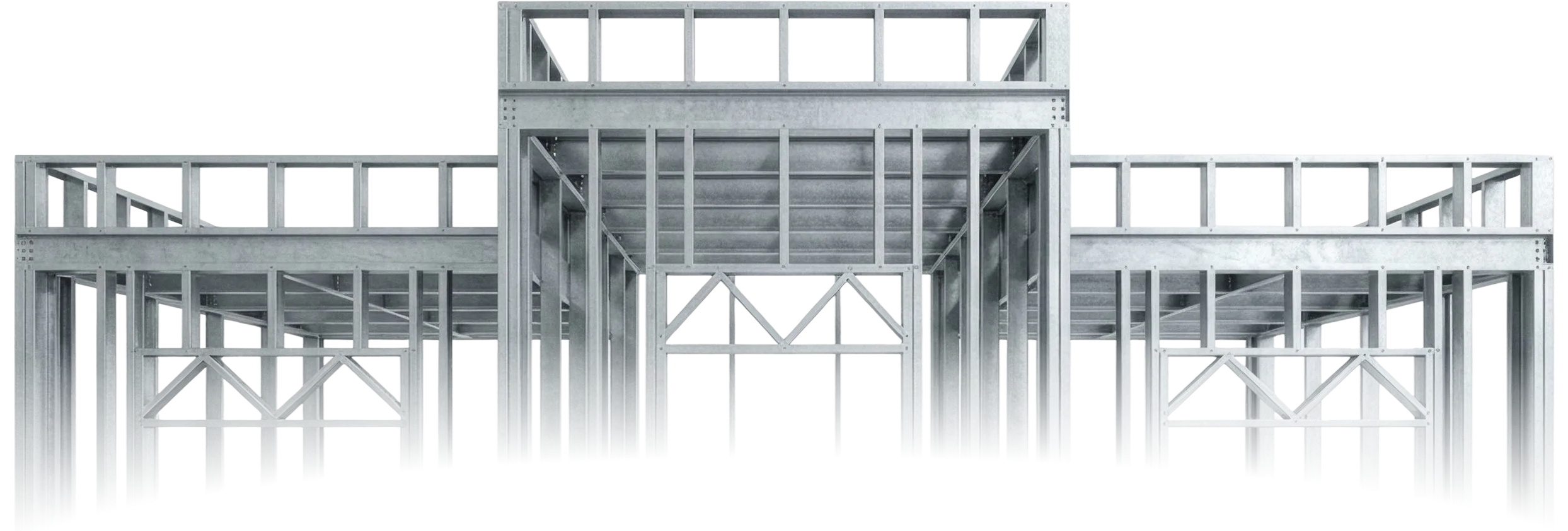 Steel framing structure of a building with wall panels, trusses and floor joists
