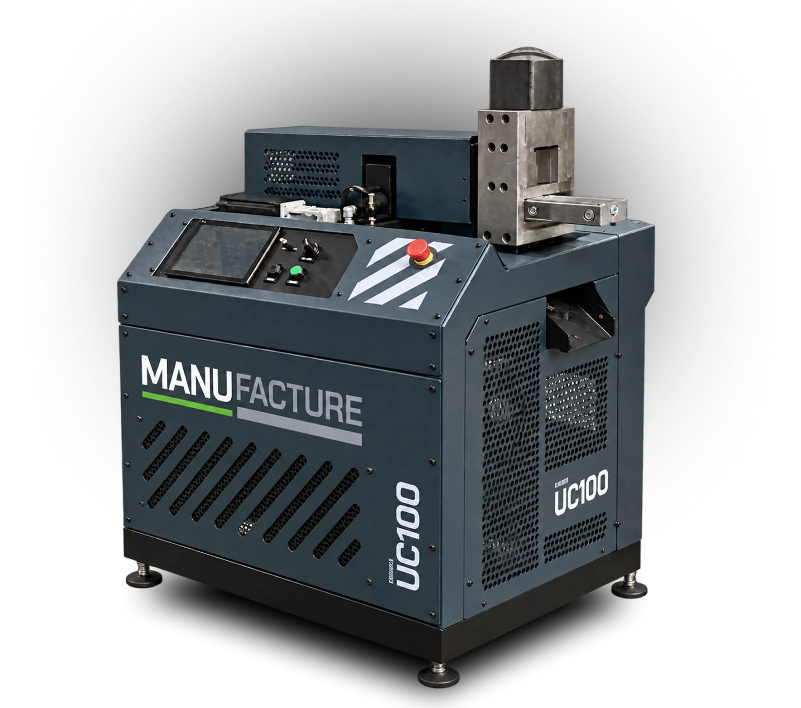 MANU UC100 roll-forming machine with its control panel, punch unit and perforated side panels