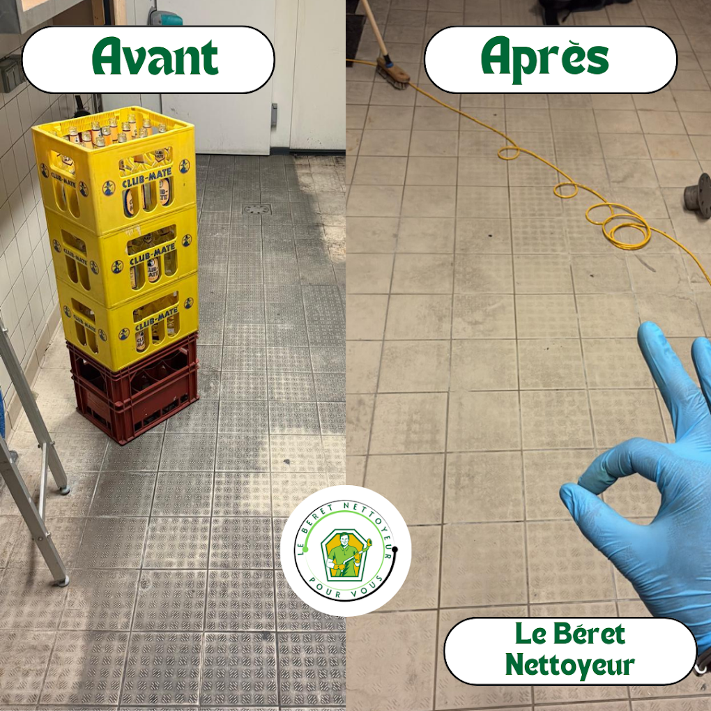 Sol carrelé de local professionnel avant et après nettoyage : joints encrassés à gauche, carrelage clair et uniforme à droite.