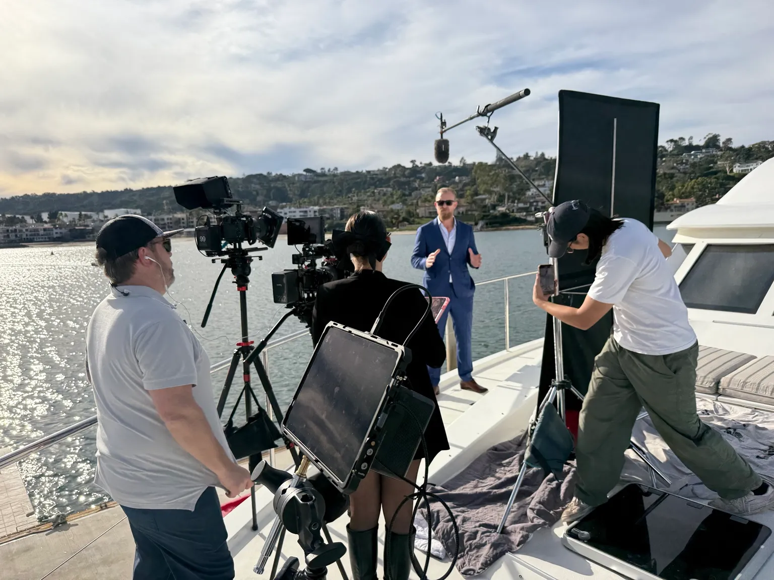 Interview cameras and lighting in a helicopter hangar