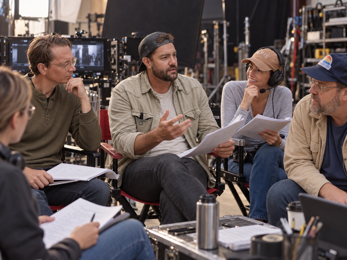 Film crew reviewing a script and discussing creative direction.