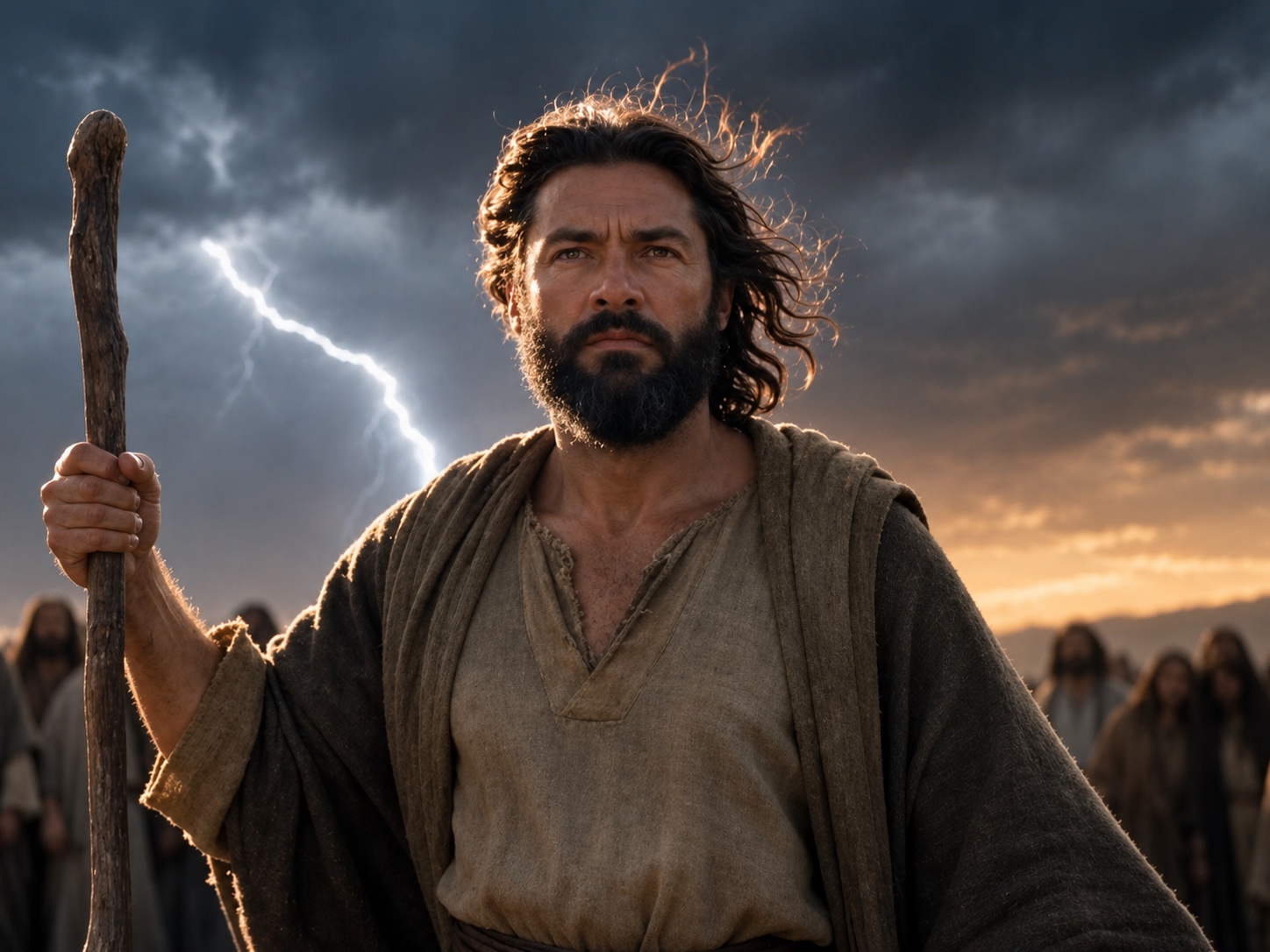 AI-created Moses film scene with a staff and stormy sky.