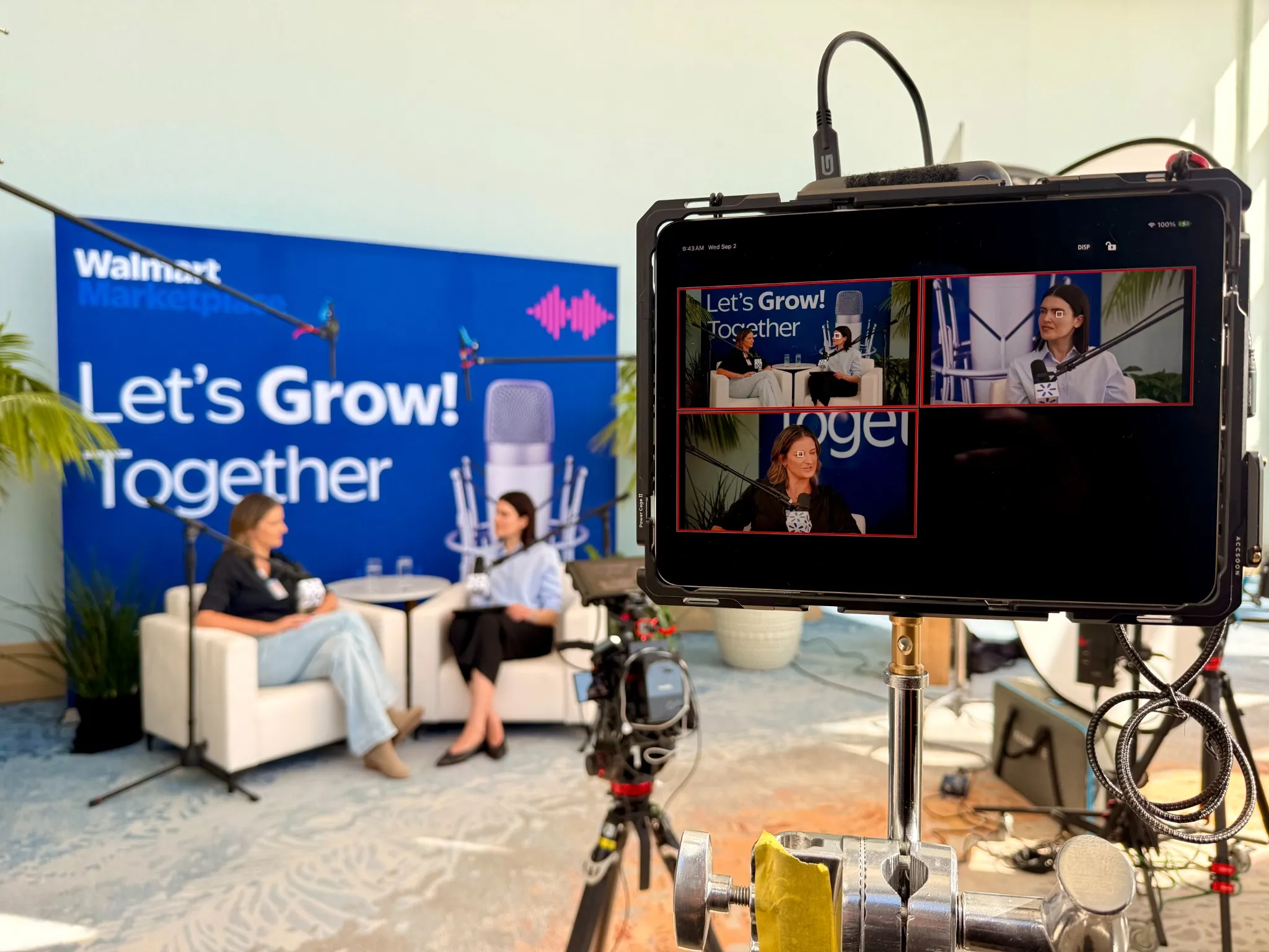 Behind the scenes of a Walmart Marketplace interview with a multi-camera monitor and production equipment