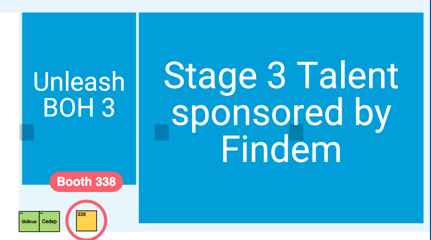 Floor plan showing Booth 338 next to Stage 3 Talent
