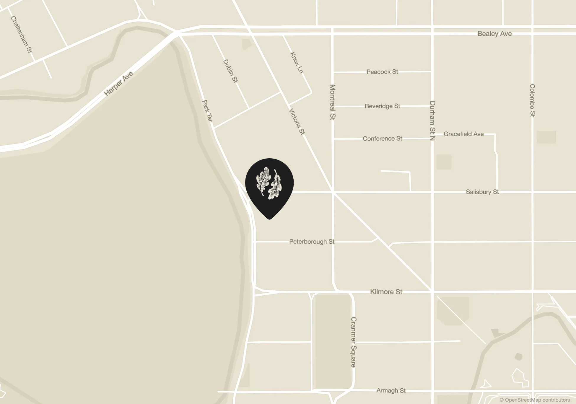 Map showing The Park on Park Terrace, between Hagley Park and central Christchurch