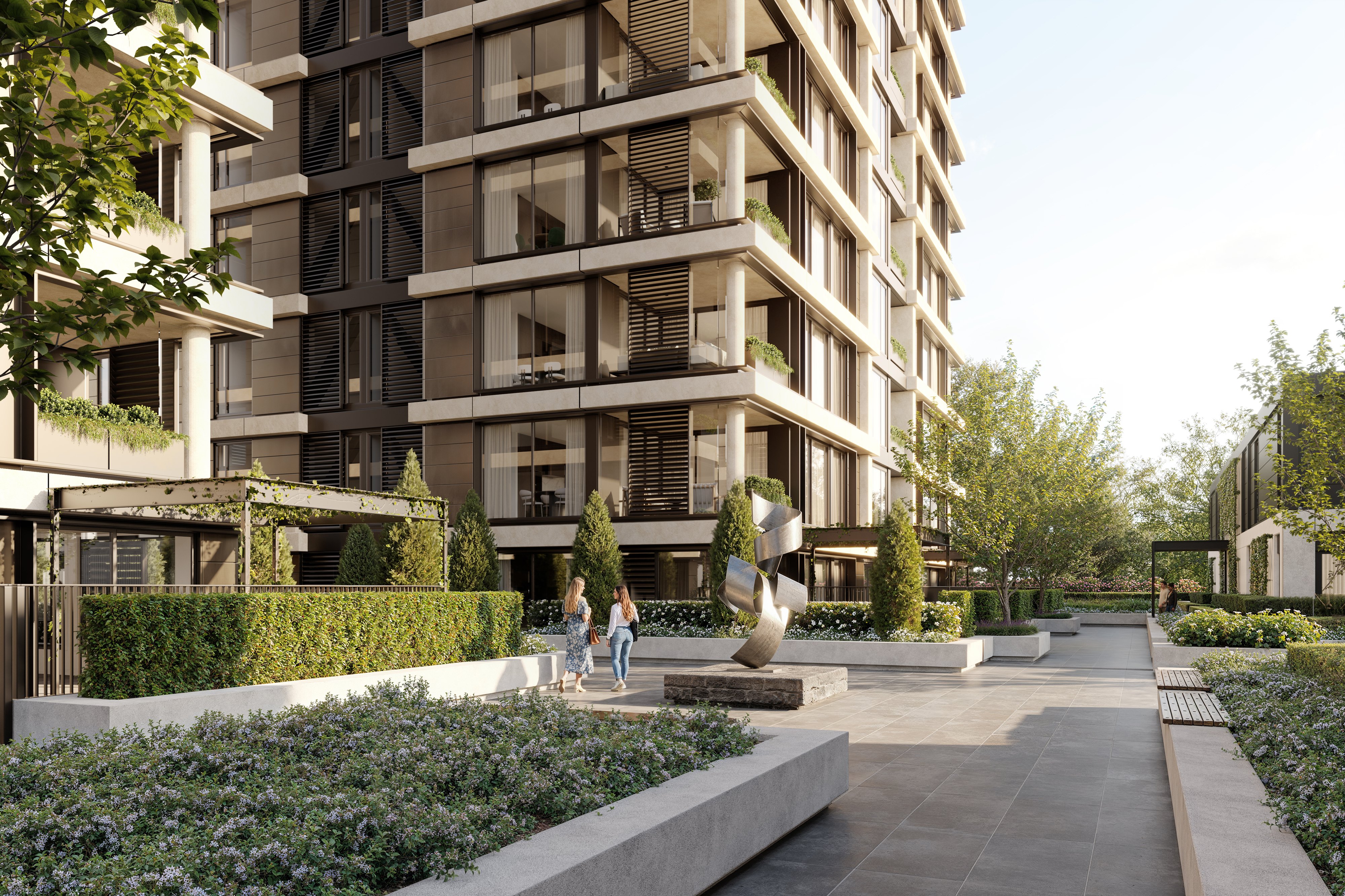 Landscaped central courtyard between the buildings at The Park
