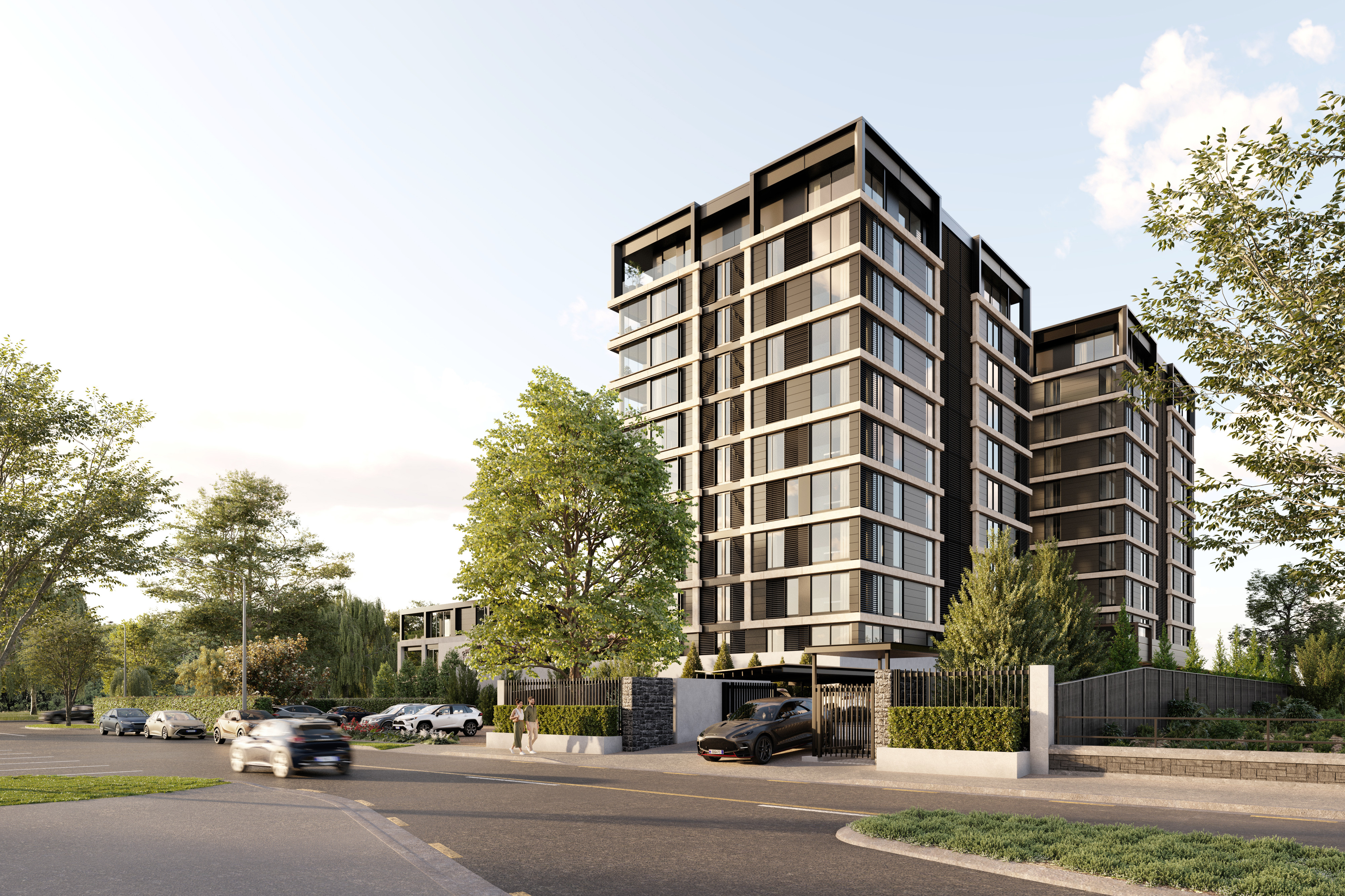 The Park residences at dusk, planted terraces and timber screens above Christchurch