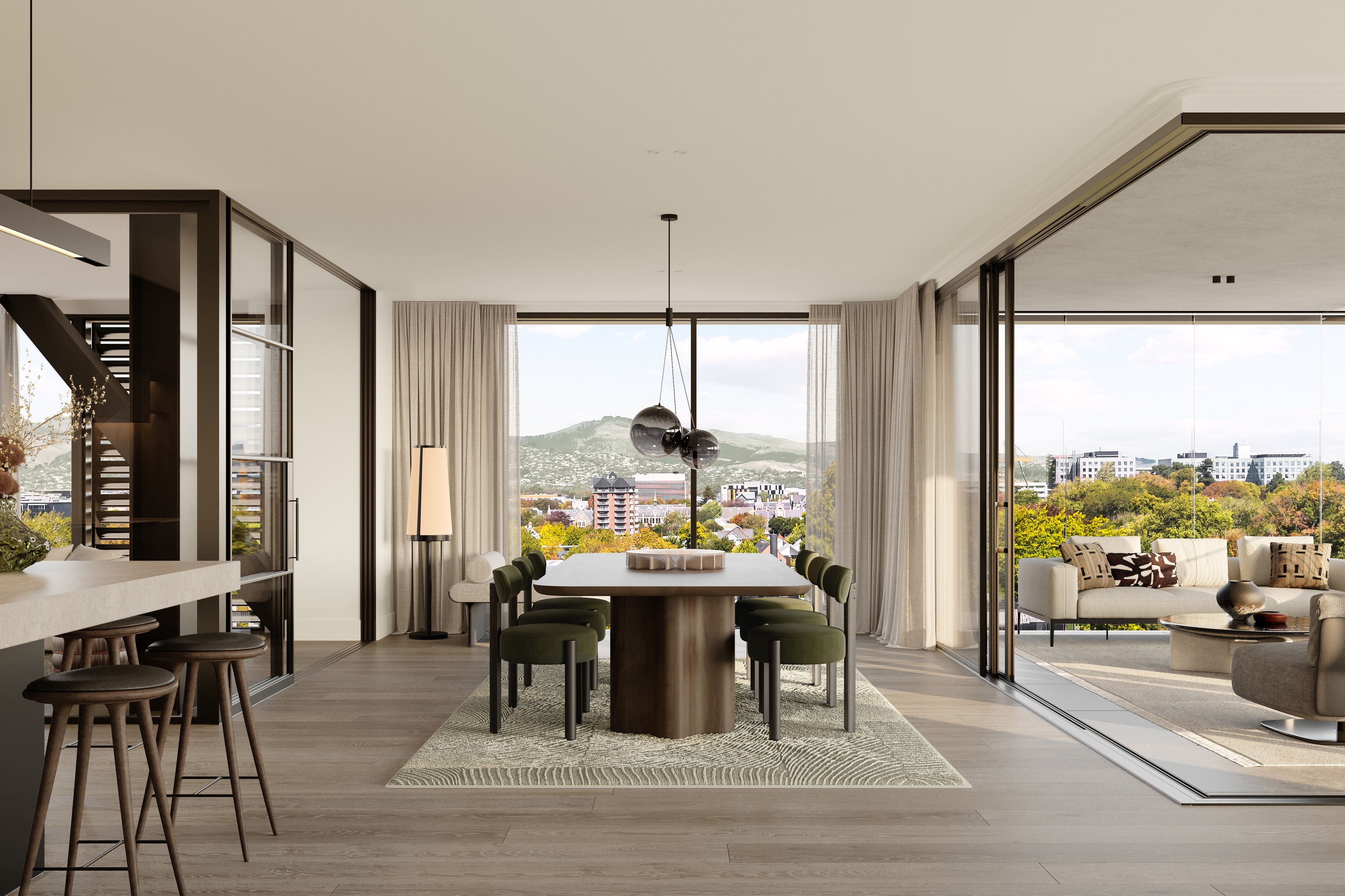 Tower dining room at The Park, framed by glass looking to the Port Hills