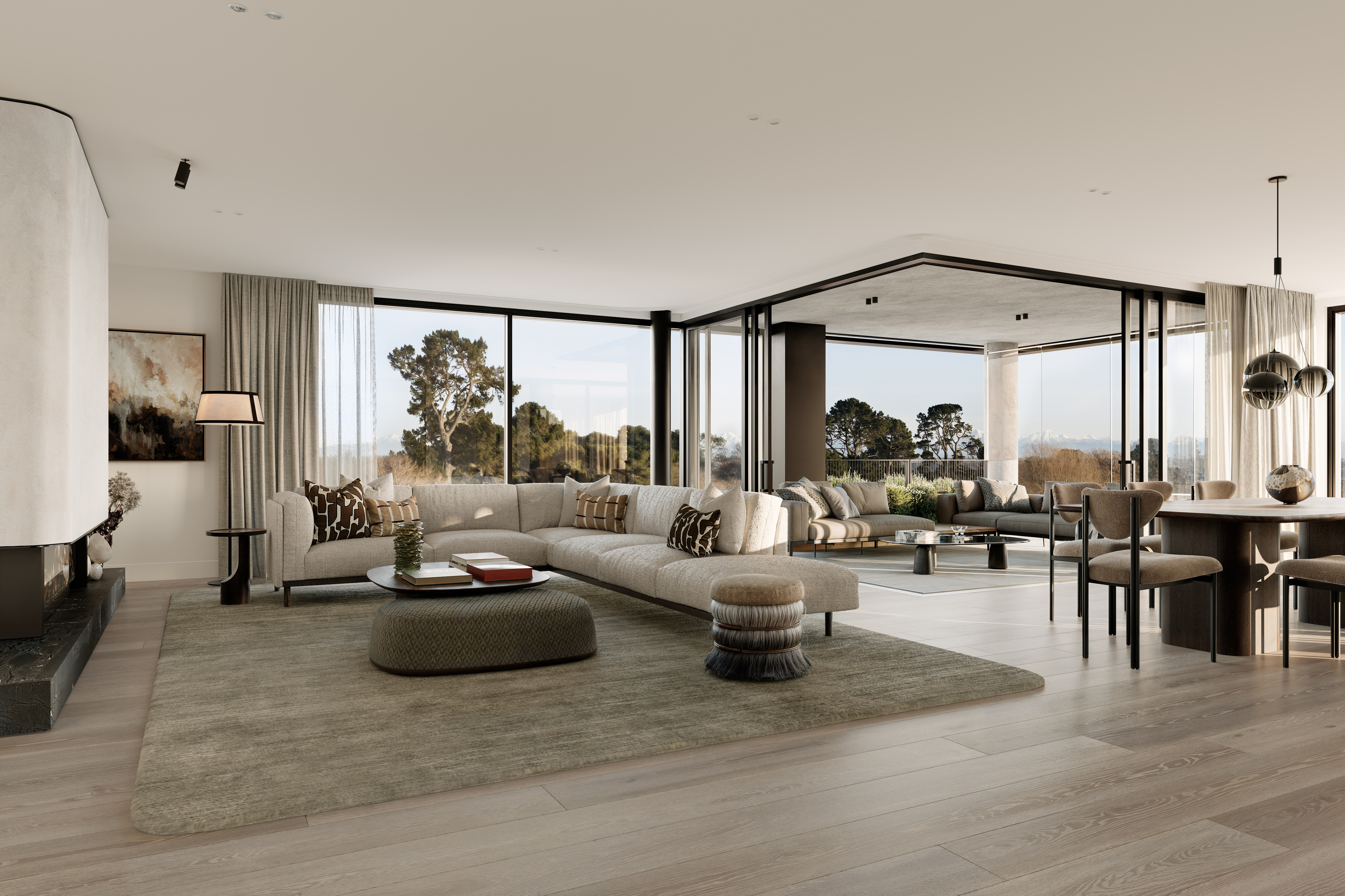 Open-plan tower living room at The Park with floor-to-ceiling glass onto treetop views