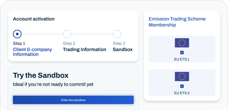 Account activation steps with sandbox access and emission trading scheme memberships