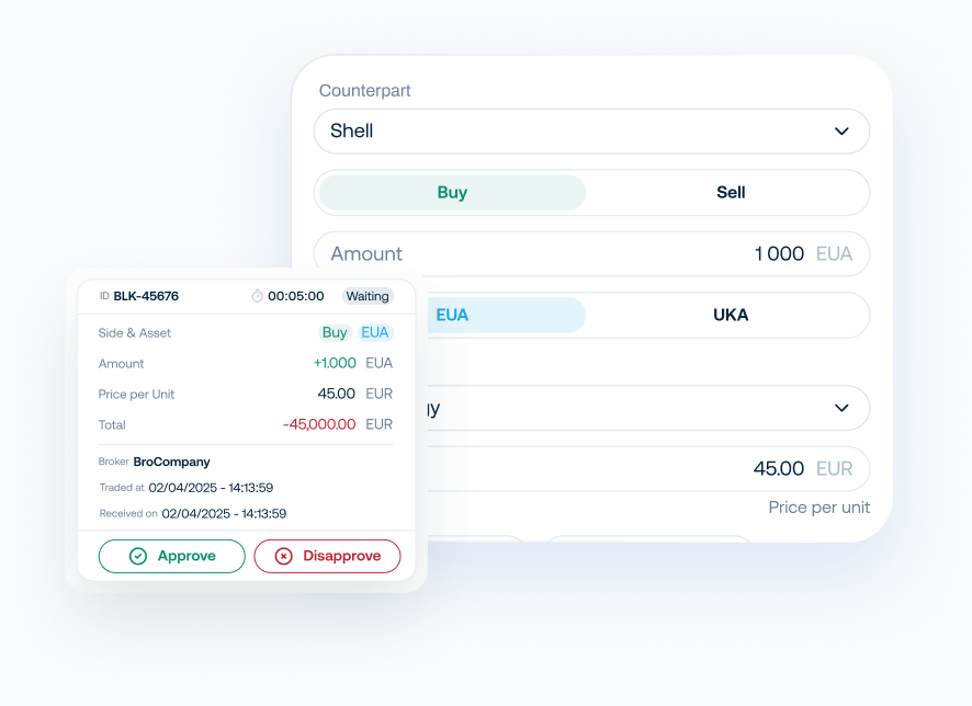 OTC block trade form with counterparty selector, buy/sell toggle, amount and price fields, and an order approval card
