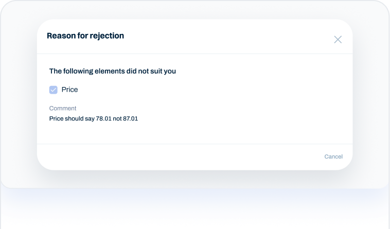 Order rejection dialog with reason and comment for price correction