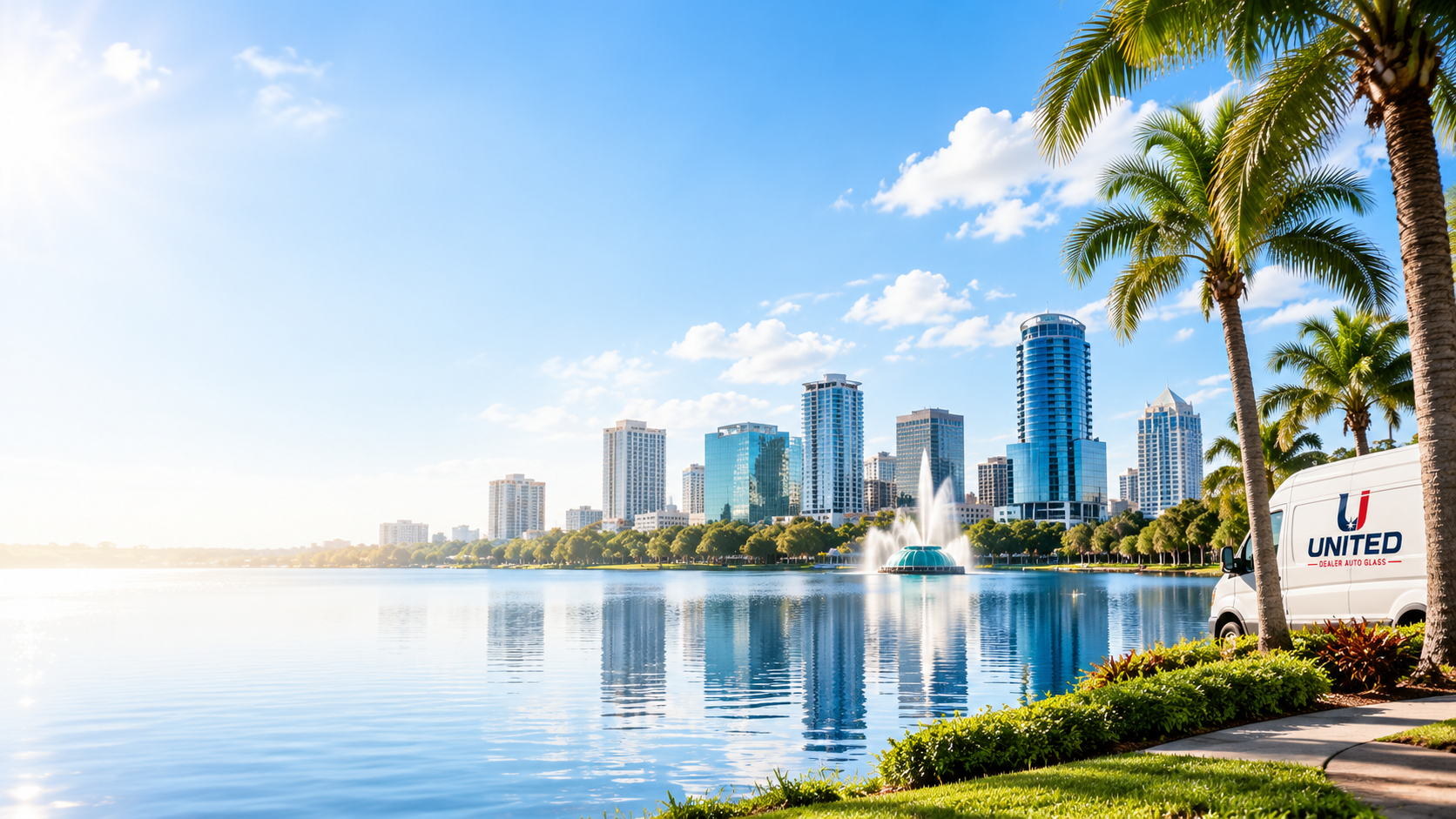 Sunny Orlando skyline reflected across a lake.